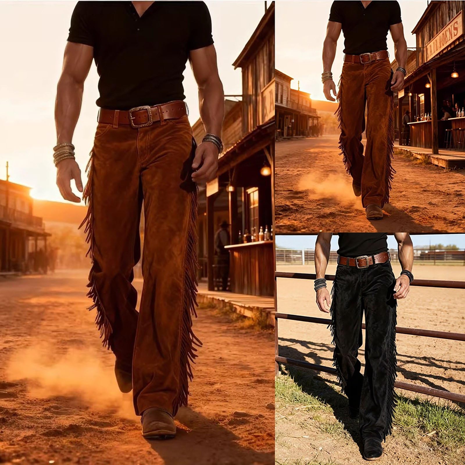 Pantalon de cowboy pour homme - Style hippie occidental - Avec pompons - Rétro - En daim - Pantalon indien à franges - Pantalon de loisirs - Taille haute - Pantalon d'équitation - Costume cospaly