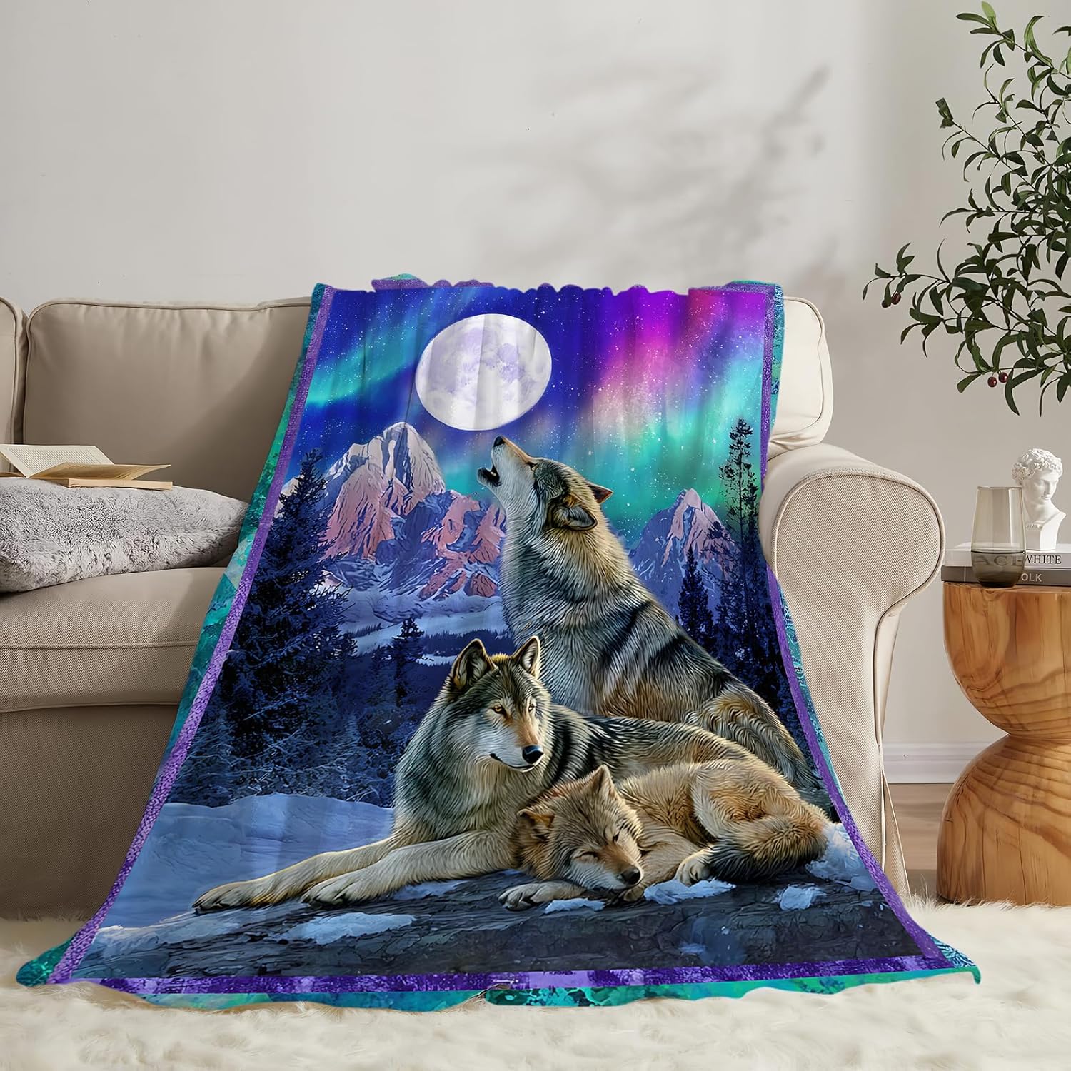 Taimeng Wolf Moon Throw Blanket, Wolves Forest Animal Blanket, Northern Lights Wildlife Lovers Stuffed Fleece Cozy Flannel Warm Lightweight Blankets for Kids Teens Women Men Girls Boys 60"X80"