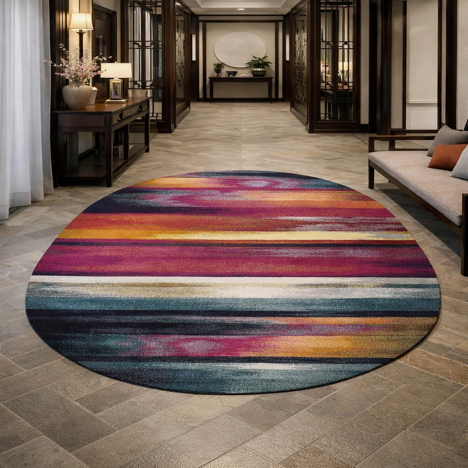 Tapis ovale salon moderne rouge et bleu déco chambre