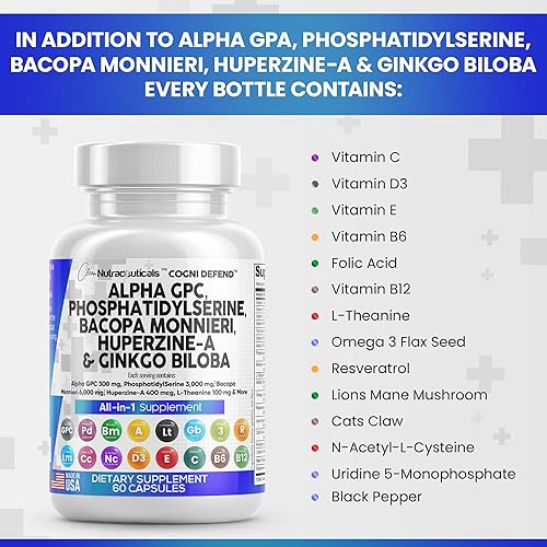 Miniatura 6 de Clean Nutra Alpha GPC Choline Phosphatidylserine Bacopa Monnieri Ginkgo Biloba Huperzine A Supplement - 60 Capsules Made in USA