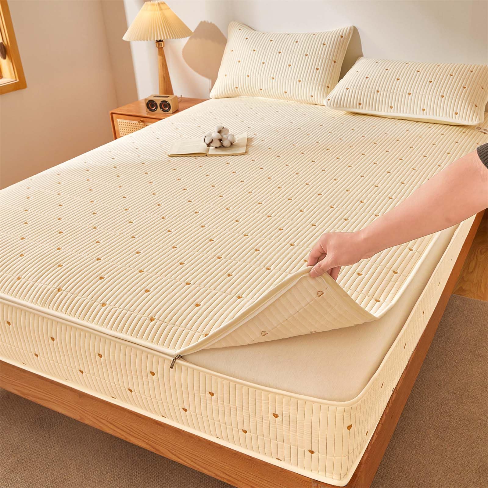 Housse de Matelas Intégrale 70/80/140/160x190 Housse pour Matelas de Protection avec Fermeture Éclair Respirante Alèse Protège-Matelas Broderie Surmatelas Matelassé à Cinq Côtés (140X190+17cm,Beige B