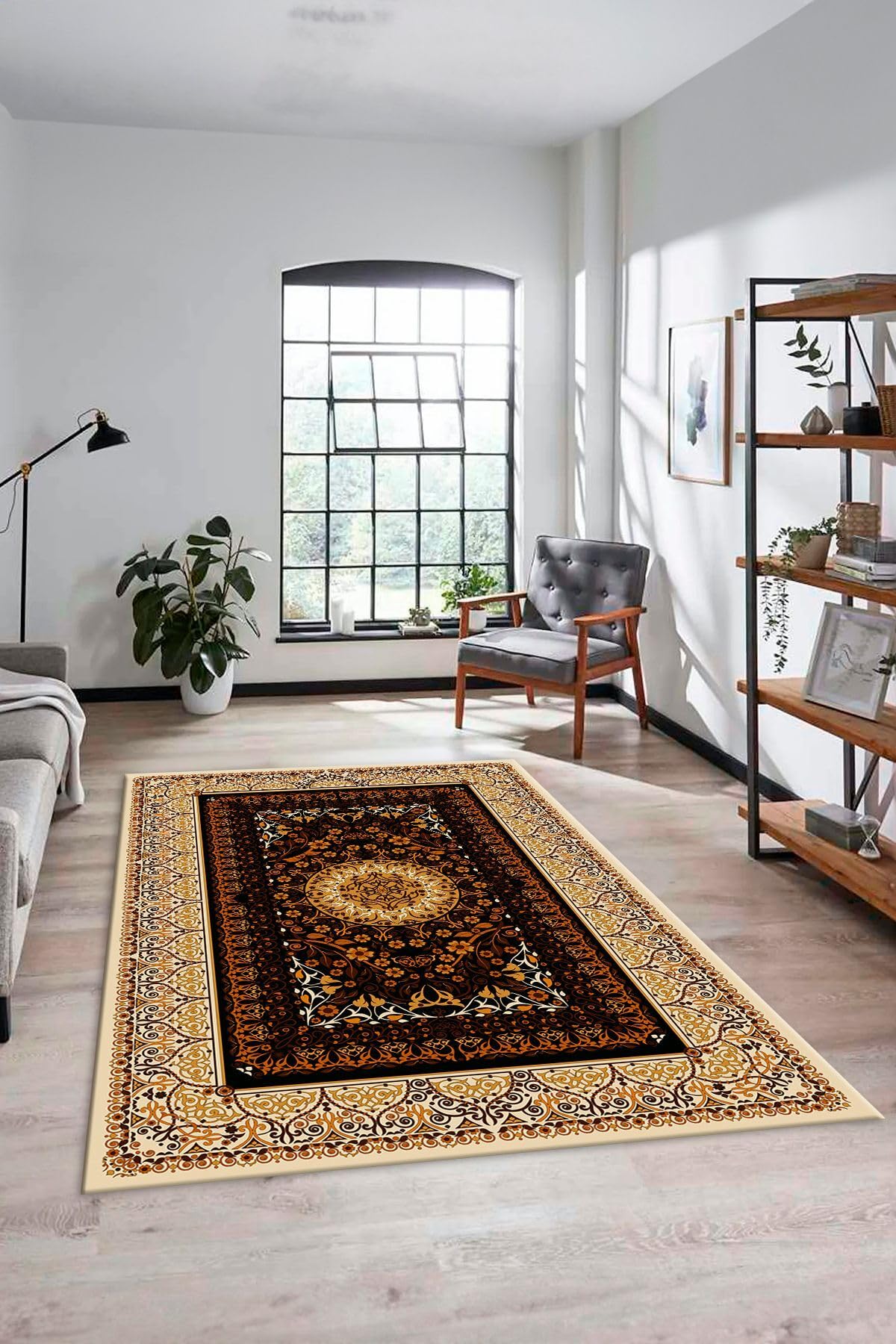 Evdeya Şık Klasik Desen Dijital Kaymaz Taban Yıkanabilir Yolluk Mutfak Salon Halısı KLASİK-14, Kahverengi, 100 x 250