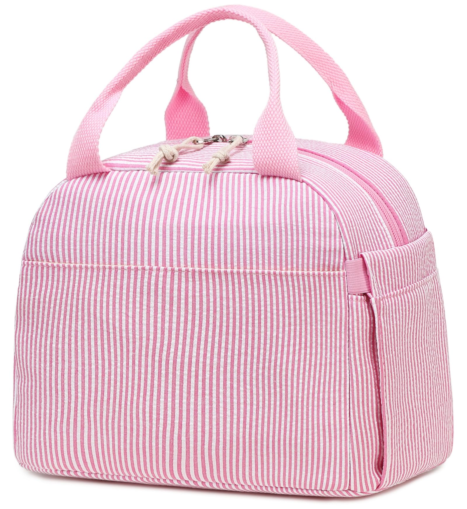 Bluboon Lunch Box for Women Cute Lunch Bag Reusable Insulated Lunch Bags Large Capacity Lunchbox Cooler for Work Picnic or Travel Gifts (Pink White Vertical Stripes, 10 x 7.5 x 8 inches) — image 1