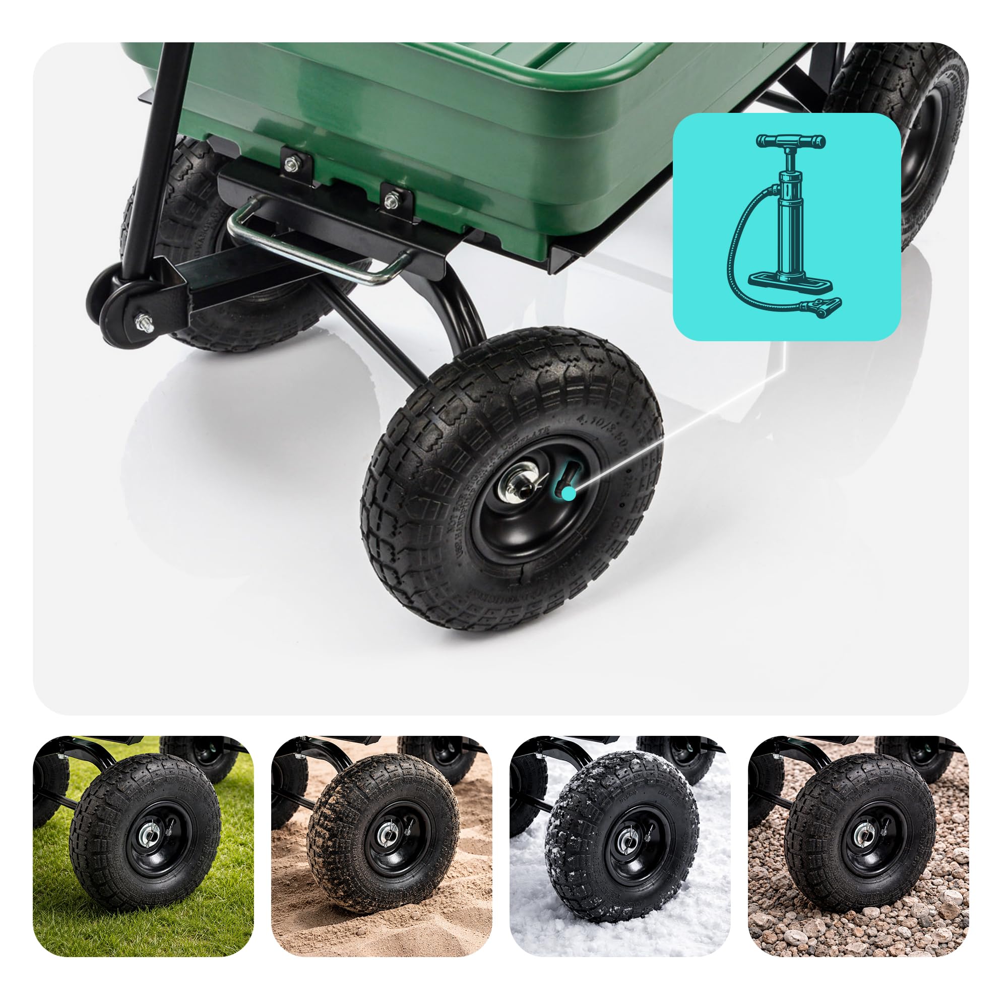 Meteor Gartenwagen 3 in 1 mit Kippfunktion 90 l bis 250 kg belastbar mit Luftreifen und Lenkachse für Erde Laub Holz und Dünger