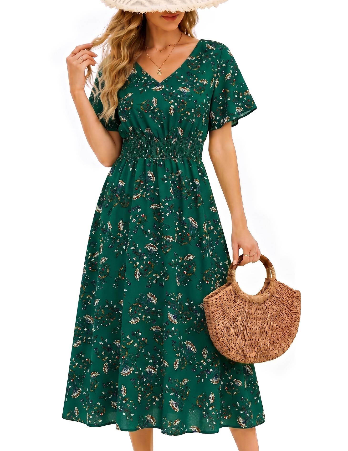 Gardenwed Women Summer Dresses Short Sleeve V Neck Casual Swing Elastic Waist A Line Midi Casual Floral Sundress