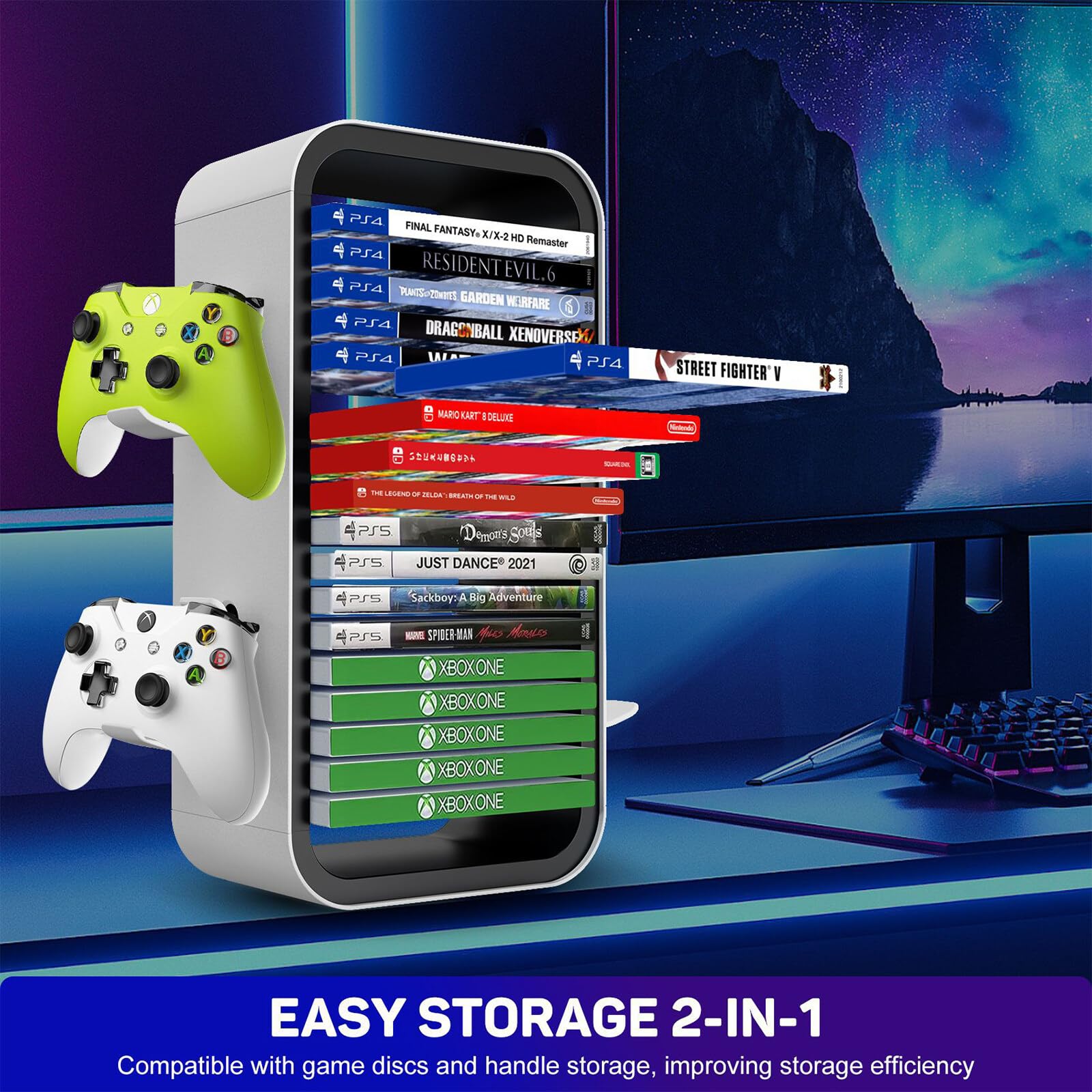 Support de Jeu Universel, Tour de Rangement de Jeux Stocke 18 Jeux Support de Disque de Jeu, Tour de Rangement de Jeux avec Support de Manette pour PS5 PS4 Xbox Nintendo Switch