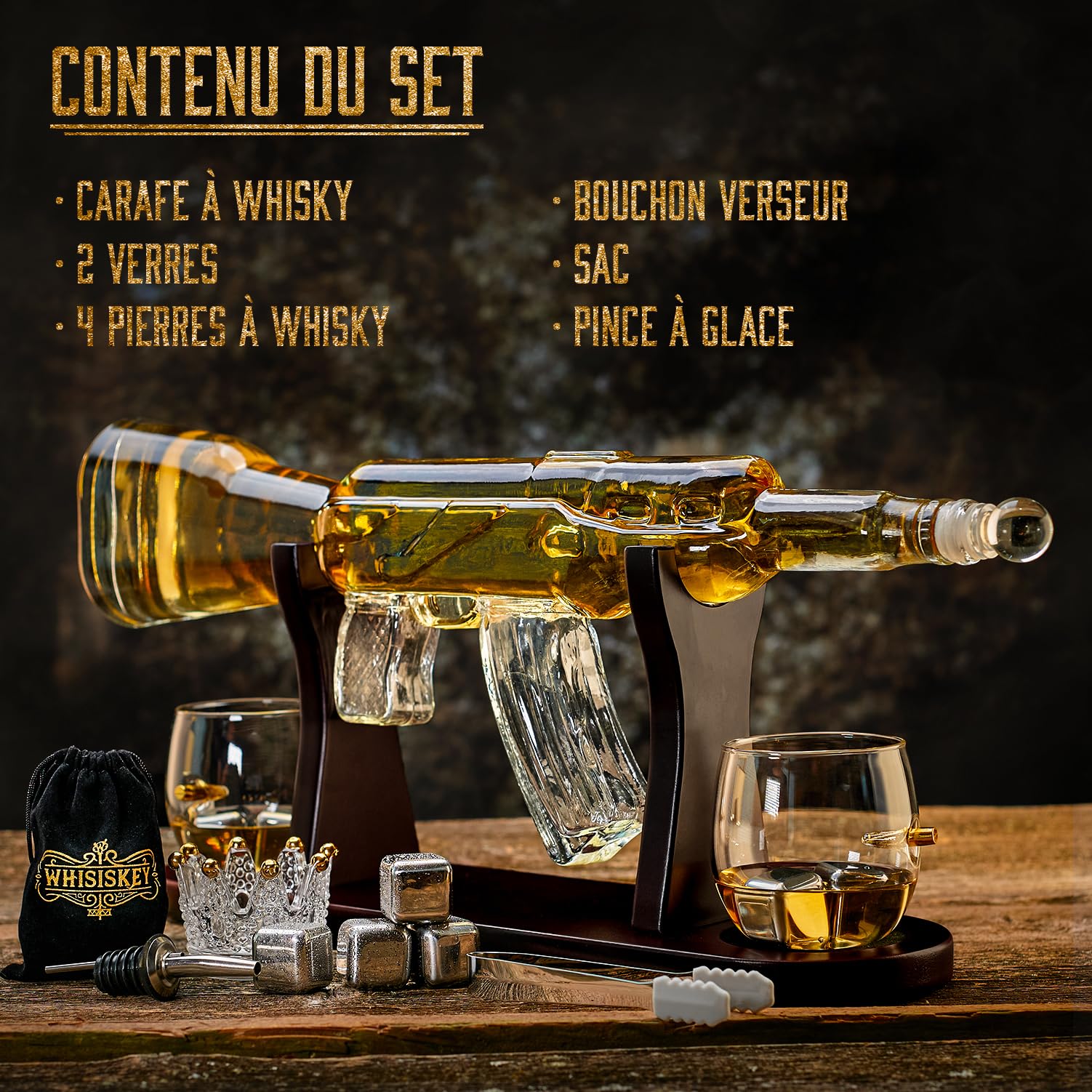 WHISISKEY Carafe Whisky - Carafe à Whisky - 1000ML - Coffret Cadeau Homme - Coffret Whisky Luxueux - Idee Noel - Decanter avec 2 Verre à Whisky, 4 Pierre a Whisky, Whiskey Accessories