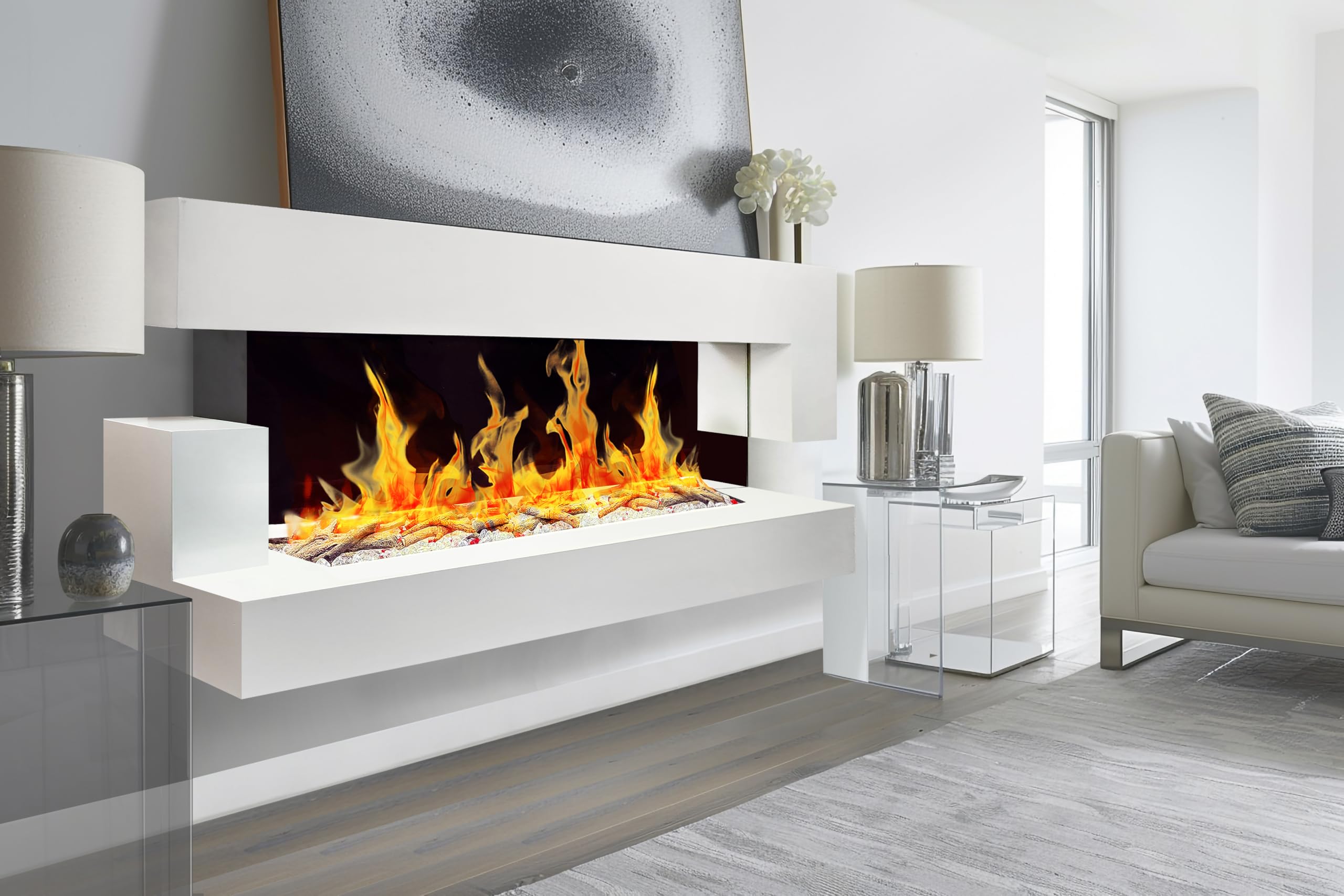 CHEMIN'ARTE Camino elettrico LED da parete Quarzt 3XL 150 cm - Bianco - Effetto fiamma LED - Telecomando, Caminetto con Timer e Controllo Automatico di Temperatura