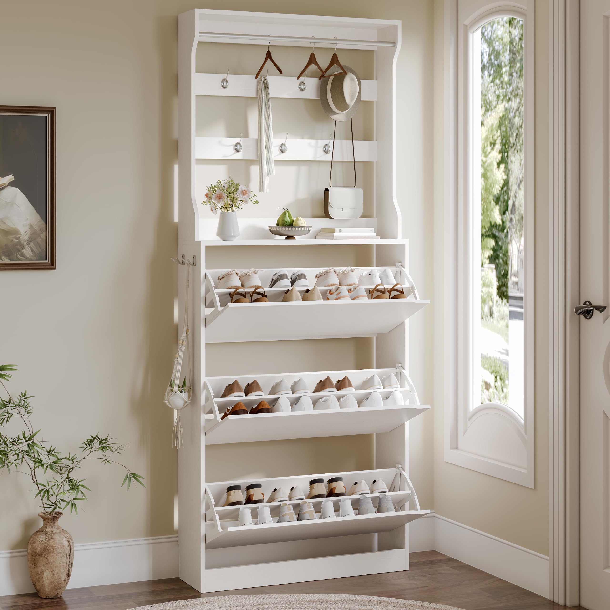 Shoe Cabinet for Entryway with 3 Flip Drawers, White Tall Wood Shoe Storage Cabinet with Coat Rack, Narrow Hidden Slim Freestanding Shoe Rack Organizer, 2 in 1 Hall Tree for Living Room, Hallway