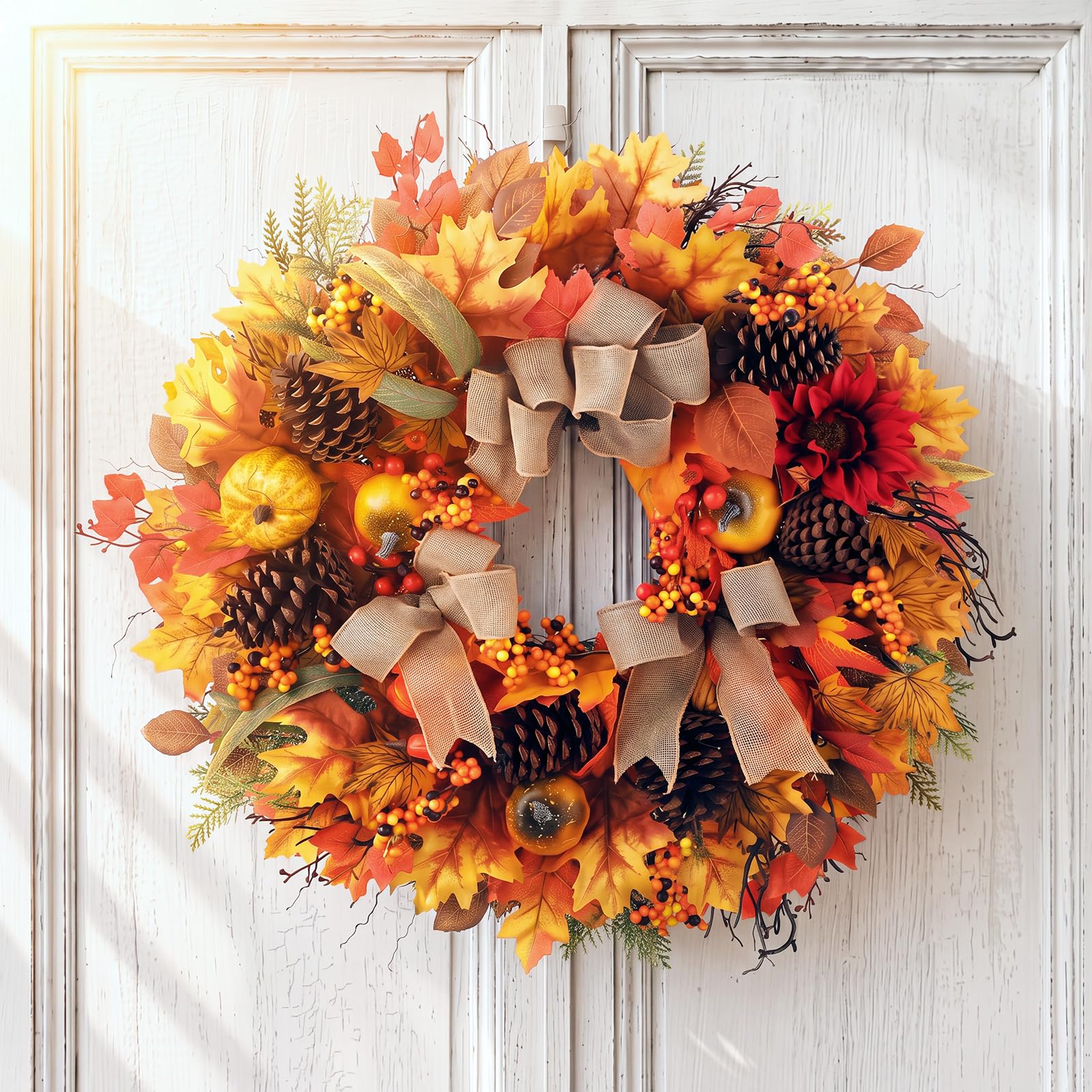 Thiccywoov Couronnes d'automne pour porte d'entrée de 71,1 cm, couronne de feuilles d'érable artificielles avec citrouilles, baies, pommes de pin, décorations de porte pour mur, porche, maison