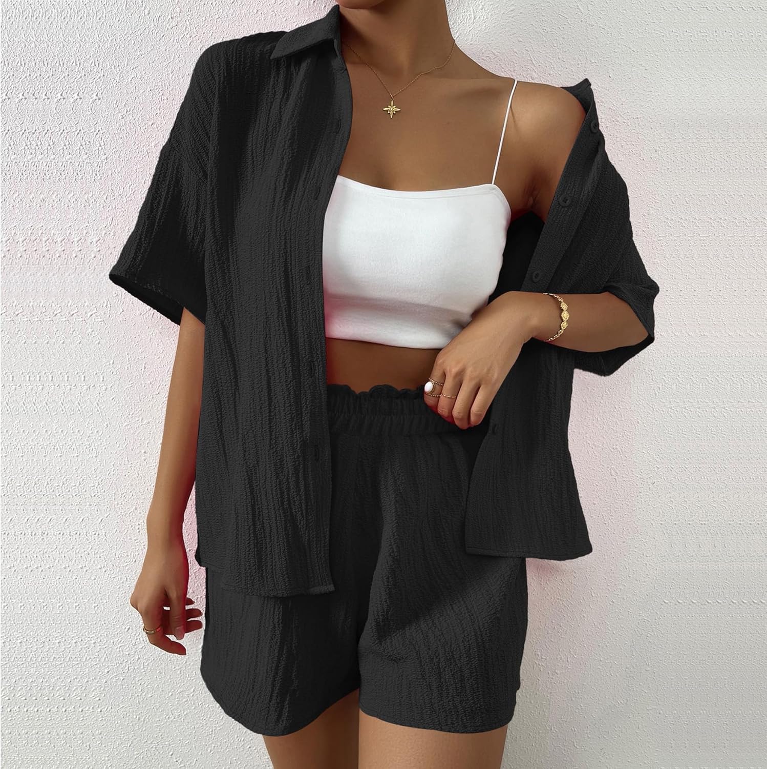 Summer women's set fashionable casual shorts short-sleeved shirt blouse buttoned cardigan