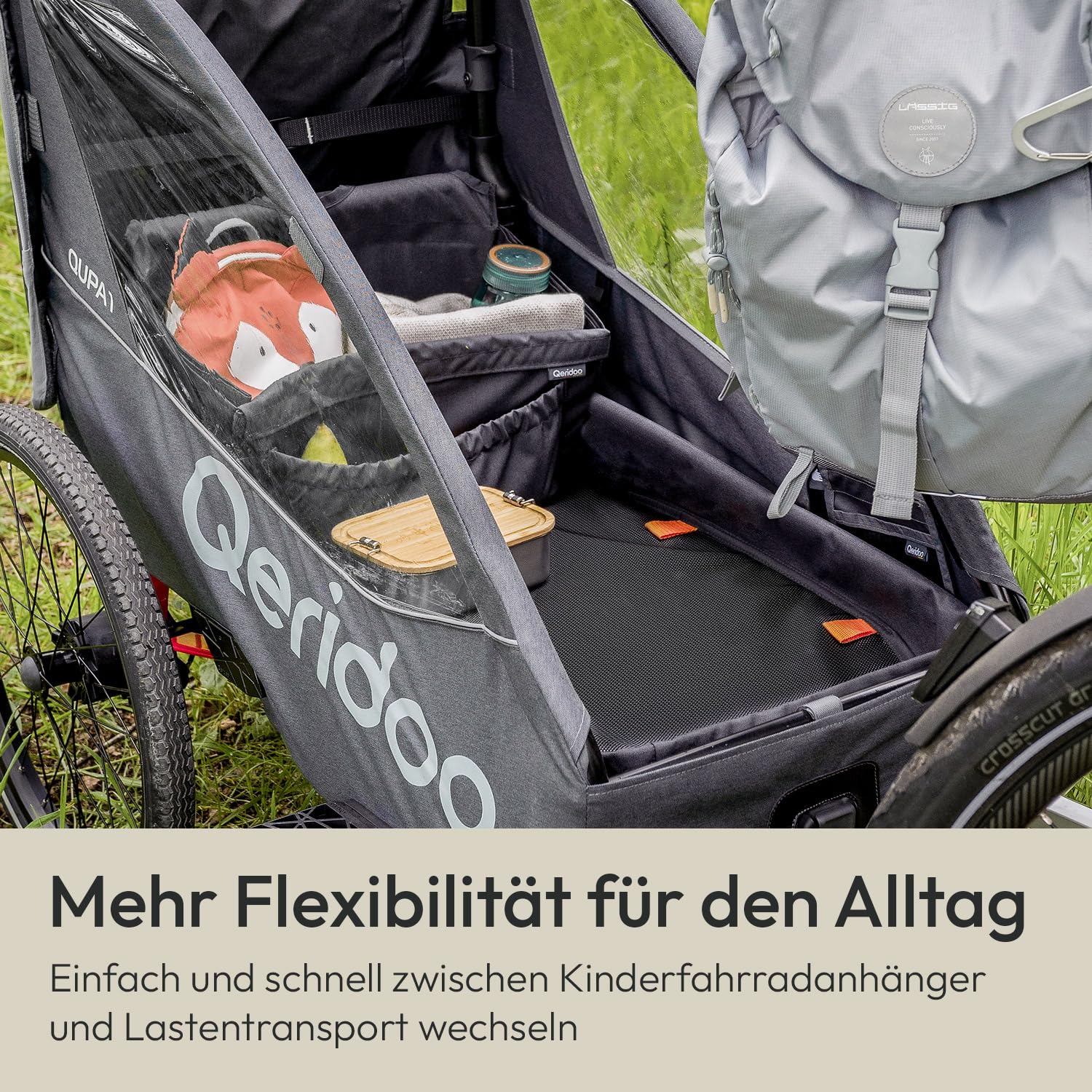 Qeridoo Cargo Einlegeplatte Einsitzer | Zubehör für Fahrradanhänger | Verwandelt Kinderfahrradanhänger in Lastenanhänger | Inklusive Zurrgurte & Klemmstange | Einfache Montage & sichere Fixierung