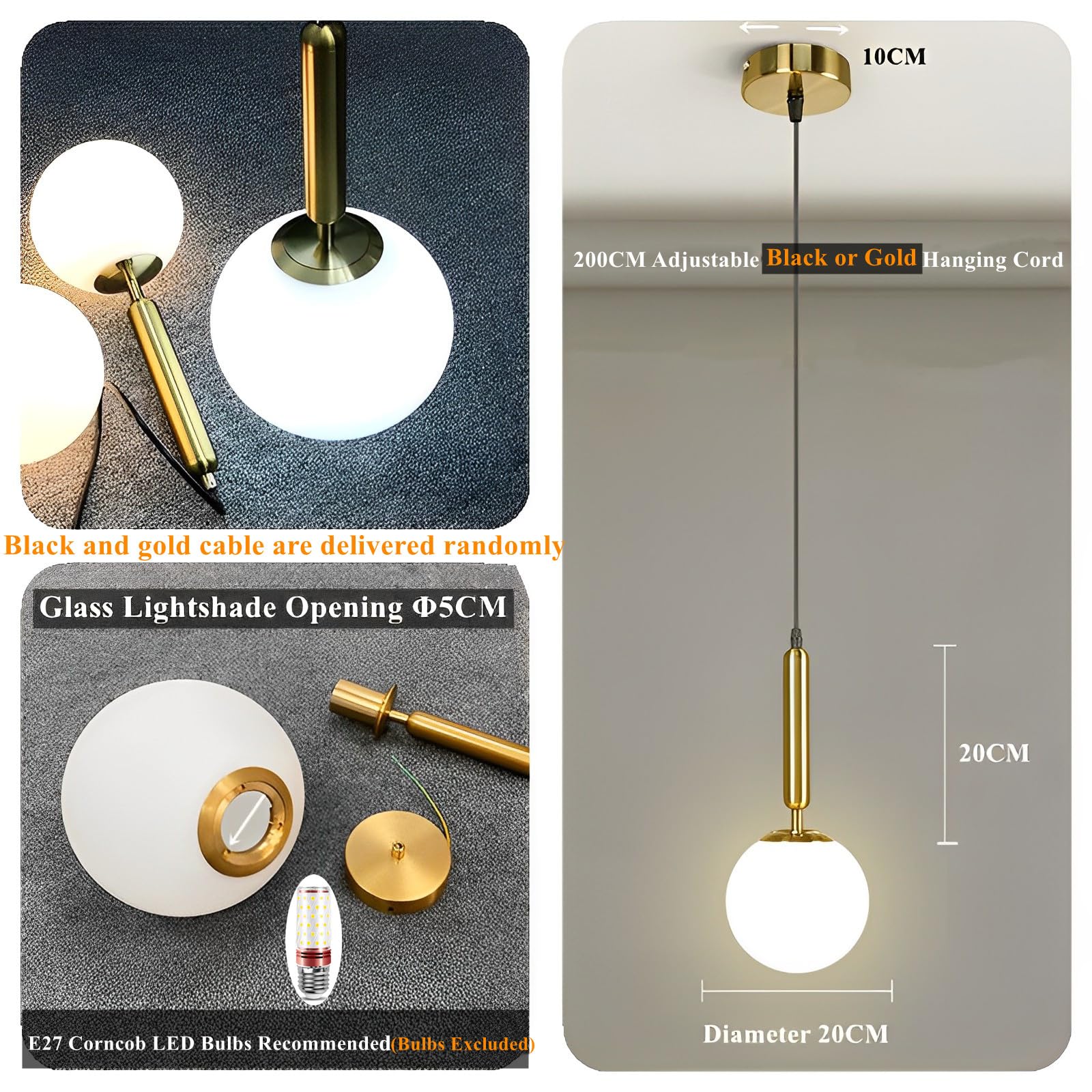 Lámpara Colgante de Oro Moderno Globo de Vaso de Lampara Techo Colgante de Luz Sombra Iluminación Colgante de Interior para Salon de Estar Cocina Comedor Dormitorio,Pantalla Blanca,20CM