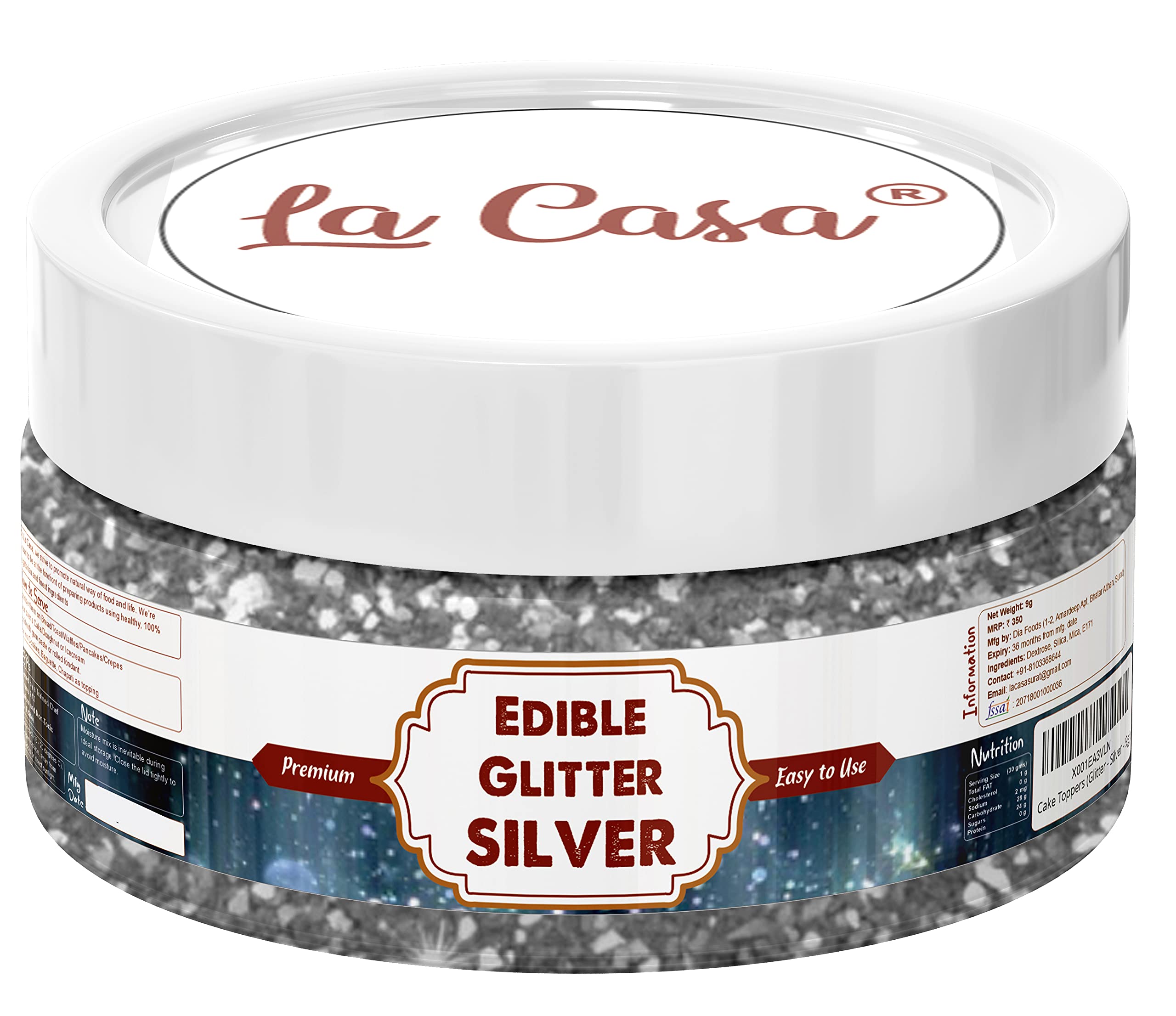 La CasaPremium Edible Glitter - SILVER | Metallic Glitter Ideal for Cake Icing Decoration & Garnishing | 9gm |