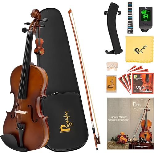 Poseidon Stringed Musical Instruments - Premium Handcraft Violin for Kids Adults 4/4 Violin w/Case, Violin Bow, Horse Bridge, Extra Strings, Shoulder Rest, Rosin, Clip-on Tuners - Natural Matte