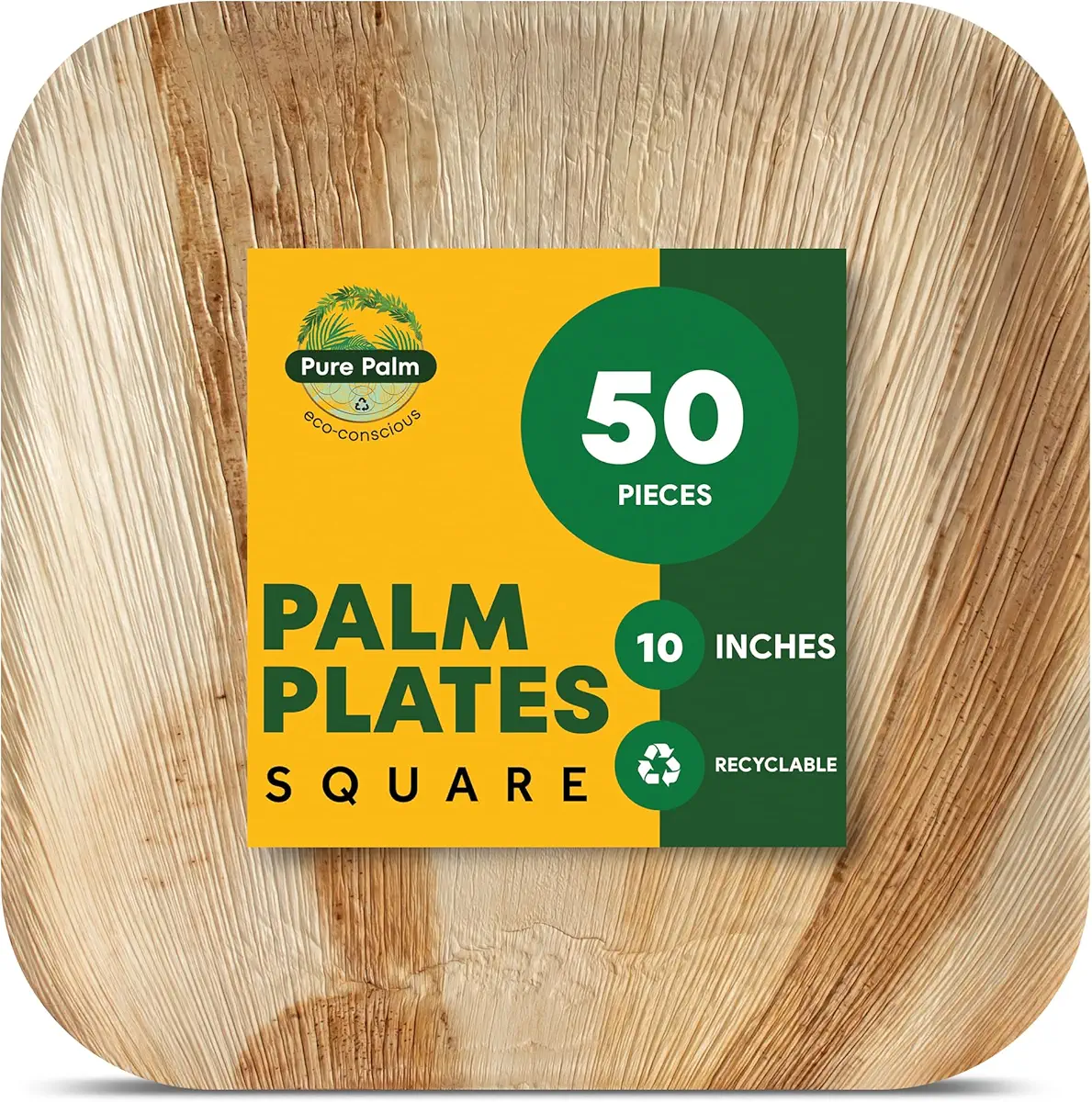 Pure Palm 10 in Party Plates Palm Leaf Plates Biodegradable Plates 50 pc Nice Compostable Bamboo Wood Look Large Square Disposable Plates, Eco Friendly Paper Dinner Plates Party Wooden Style Plates