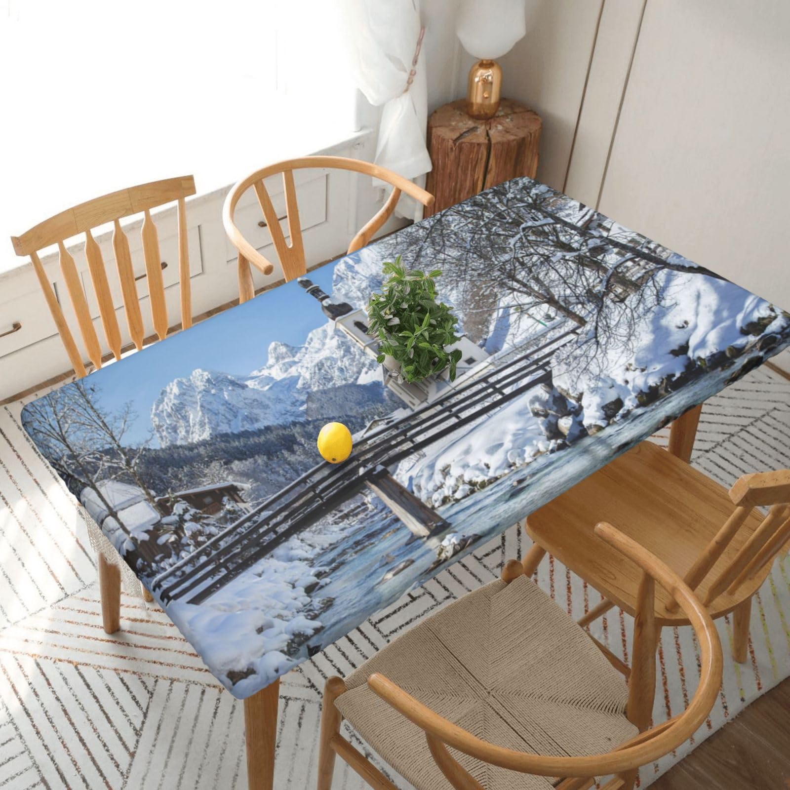 DCEHGEW Elastic Fitted Rectangle Tablecloth for 5ft Tables, Winter View Printed Oilproof & Washable Fabric Picnic Table Cloth Table Covers