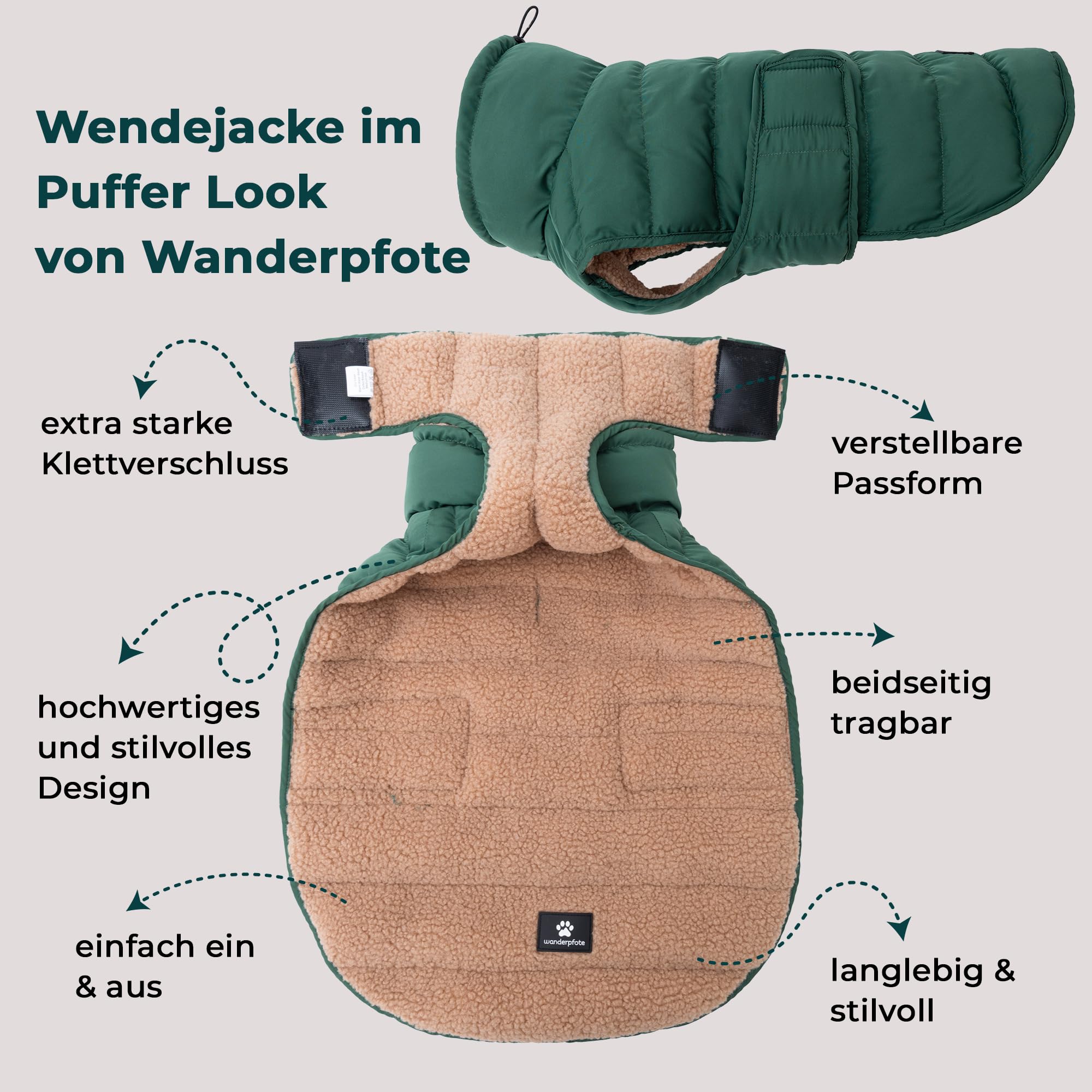 Hundemantel Beidseitig Tragbar, Puffer-Design – Cozy Sherpa Fell oder Moderne Puffer-Jacke - Wendbare Hundejacke, Hunde Wintermantel (Grün/Beige, 30)