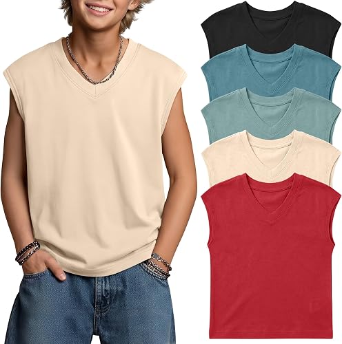 Custoneei 5 Pcs Boys Tanks Cap Sleeve T Shirts, 5-Color, 7-8 Years