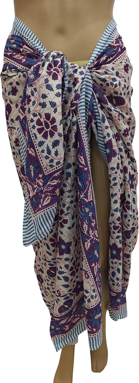 100% Cotton Hand Block Print Pareo Sarong Swimsuit Wrap Skirt Cover Up Long Women’s Apparel Fabric Beach Bikni (73" x 44")