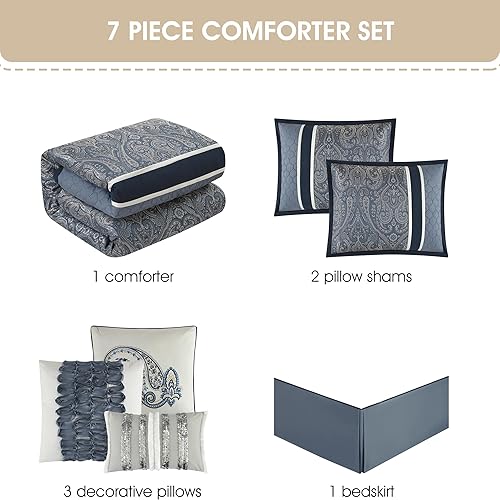 Miniatura 4 de Grand Avenue Juegos de edredón de cachemira azul marino para cama Queen, 7 piezas, juegos de ropa de cama y colecciones jacquard, microfibra ligera
