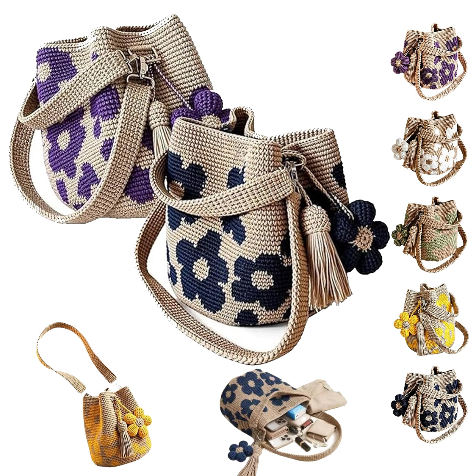 Set de 2 Bolsos de Flores de Ganchillo Hechos a Mano, Bolso de Hombro Boho de Punto con Borlas, Bolso Bandolera Tejido para Verano y Playa, 100% Algodón, Estilo Vintage