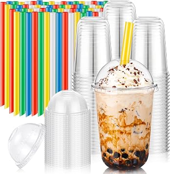 KesaPlan 50 Pack 16oz Clear Plastic Cups with Dome Lids & Colorful Wide Straws, Disposable Smoothie Cup, Round Bottom To Go Drinking Cup for Bubble Tea Iced Coffee Milkshakes Party Picnic Supply