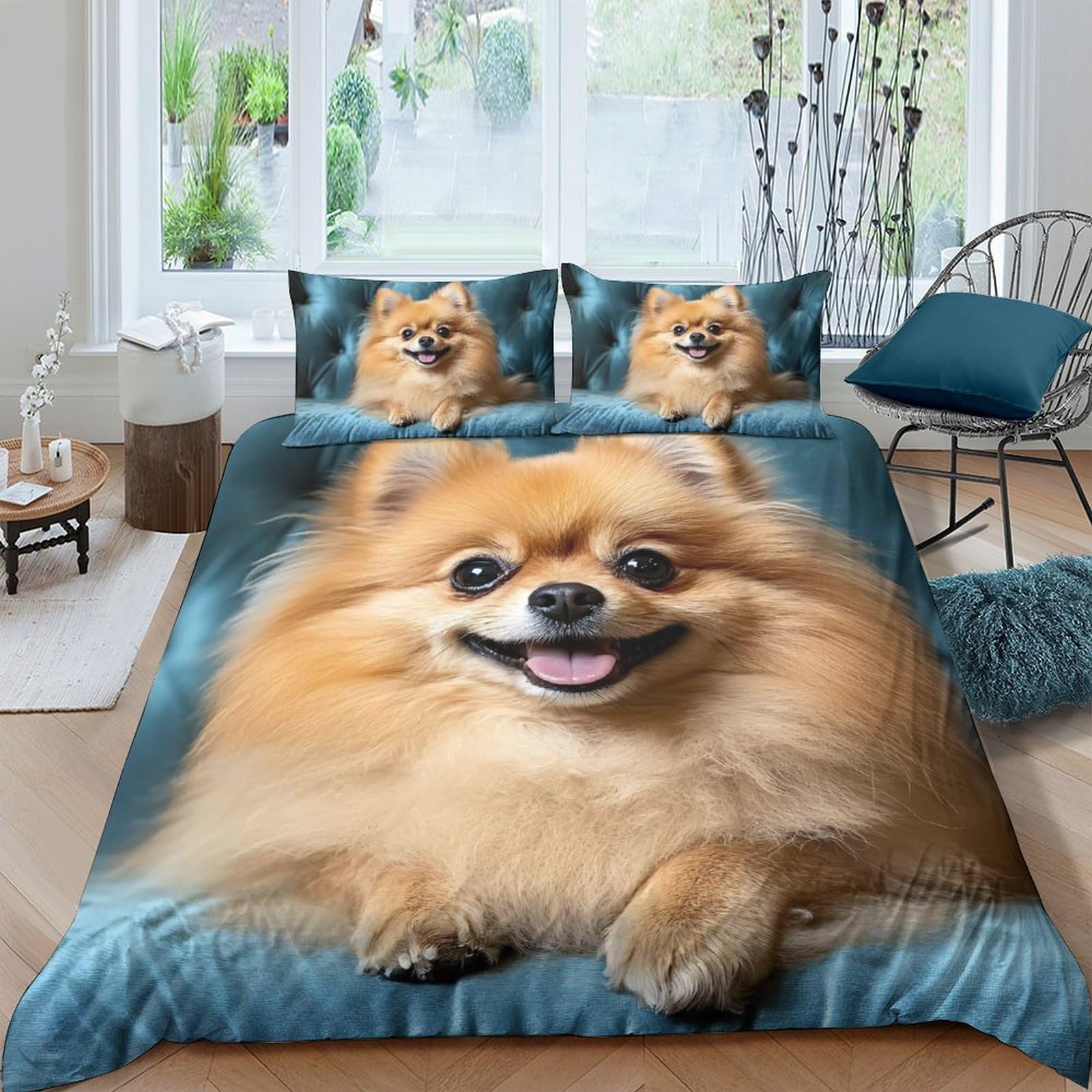 Ctjqhvkz Style-9 3D Printed Pomeranian Dog Fitted Sheet Microfiber Soft Blue Pet Bed Cover For Bedroom Guest Room Decor Single（135X200cm）