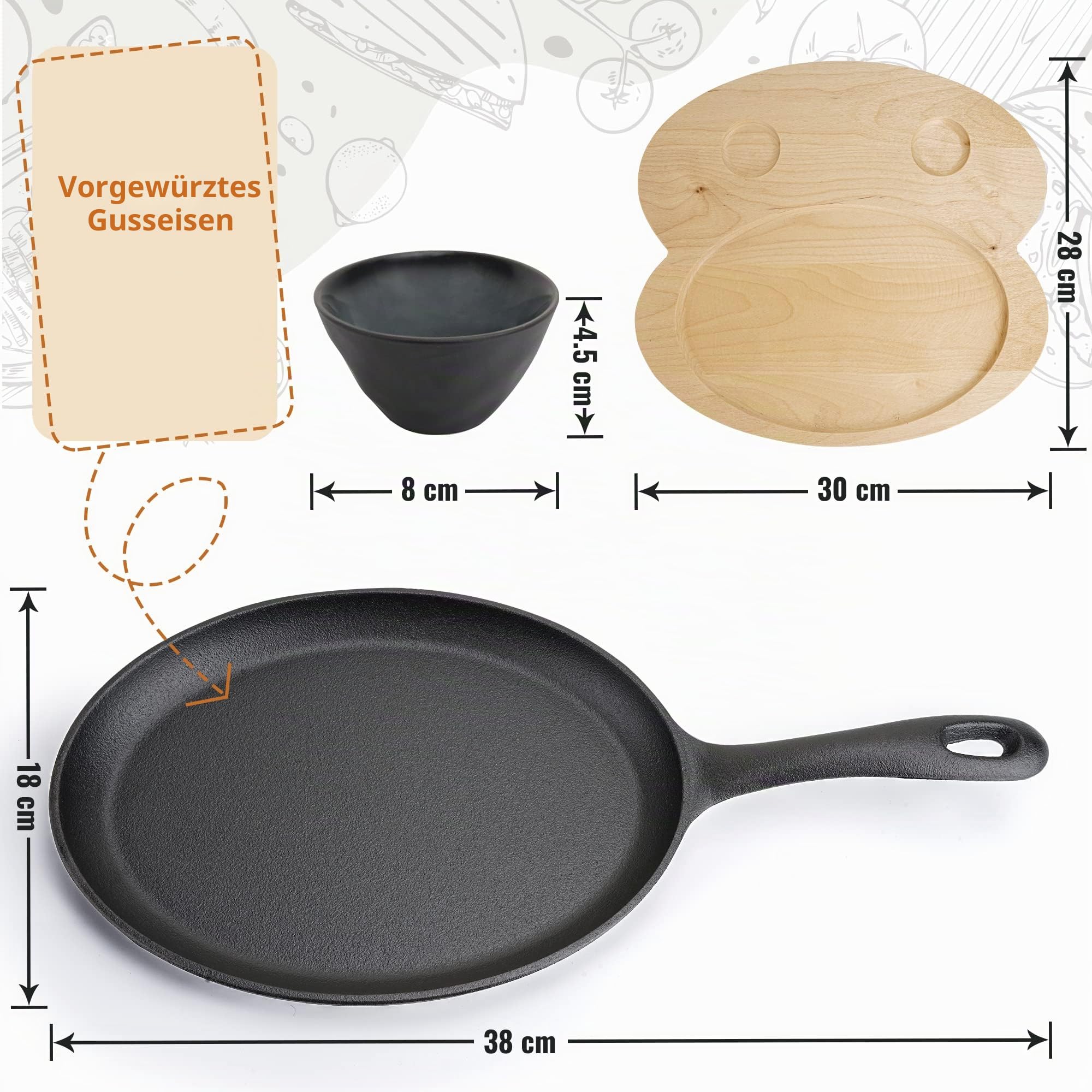 Tortillada - Gusseisenpfanne 25 cm (set of 2) | inkl. Serviertablett aus Holz + 2 Keramik Dipschalen (set of 2), aus Gusseise/Grillpfanne, 2 Pfannen, aus Gusseisen