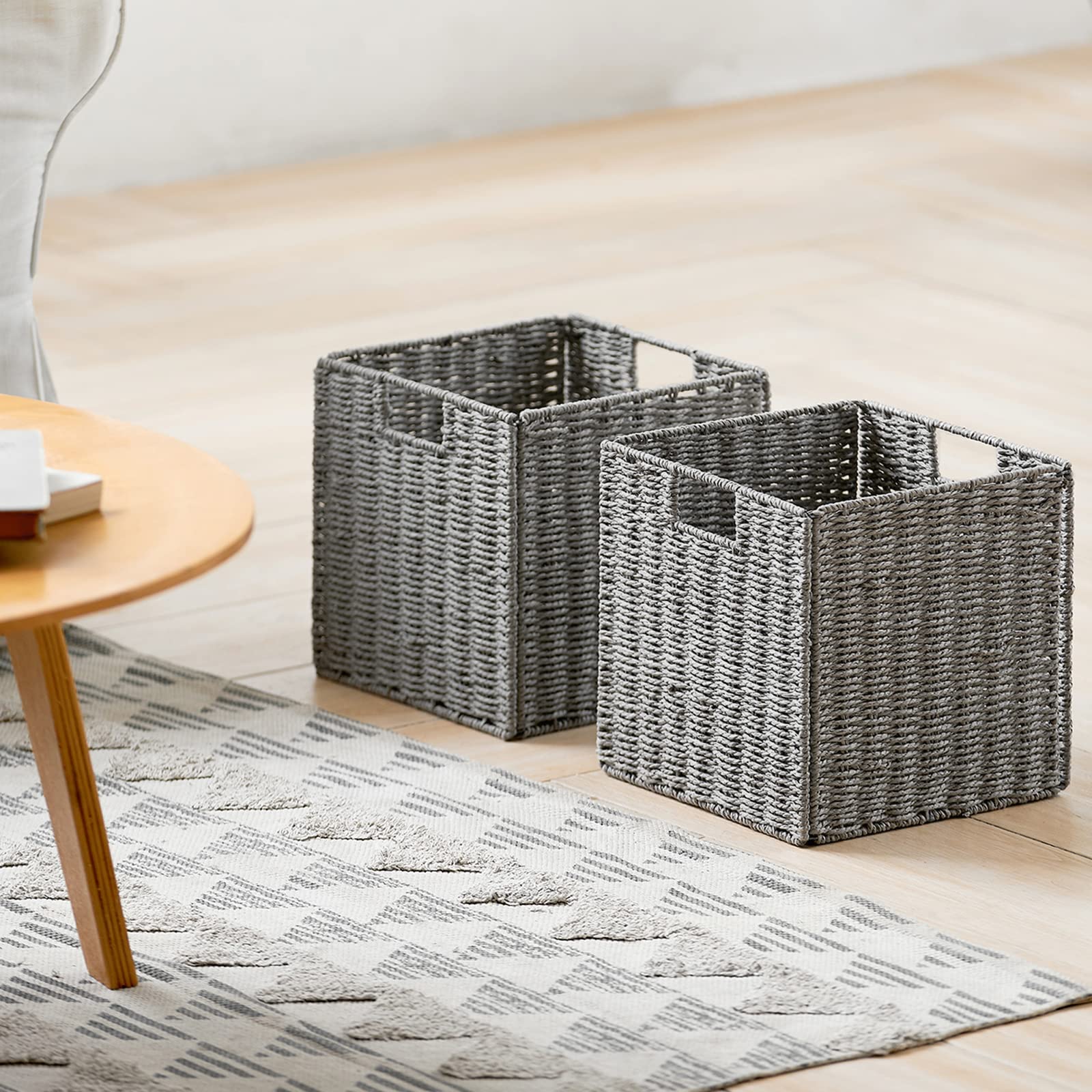 Vagusicc Set di 2 cestini portaoggetti in vimini, intrecciati a mano con manici, organizer cubici pieghevoli, grandi 33 cm, per mensole, dispensa, decorazione per camera da letto, grigio (33 x 33 x 33