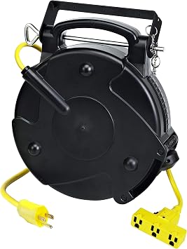 Alert ProReel Pro-Grade 8140TP Heavy-Duty Retractable Extension Cord Reel | 40 - 12/3 SJTOW Electrical Retracting Cord | Tri-Tap Grounded Outlet with Power Light | 15 Amp Resettable Circuit Breaker