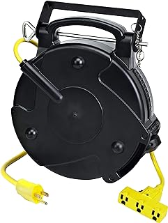 Alert ProReel Pro-Grade 8150MP Heavy-Duty Retractable Extension Cord Reel | 50' - 14/3 SJTOW Electrical Retracting Cord | Tri-Tap Grounded Outlet with Power Light | 13 Amp Resettable Circuit Breaker