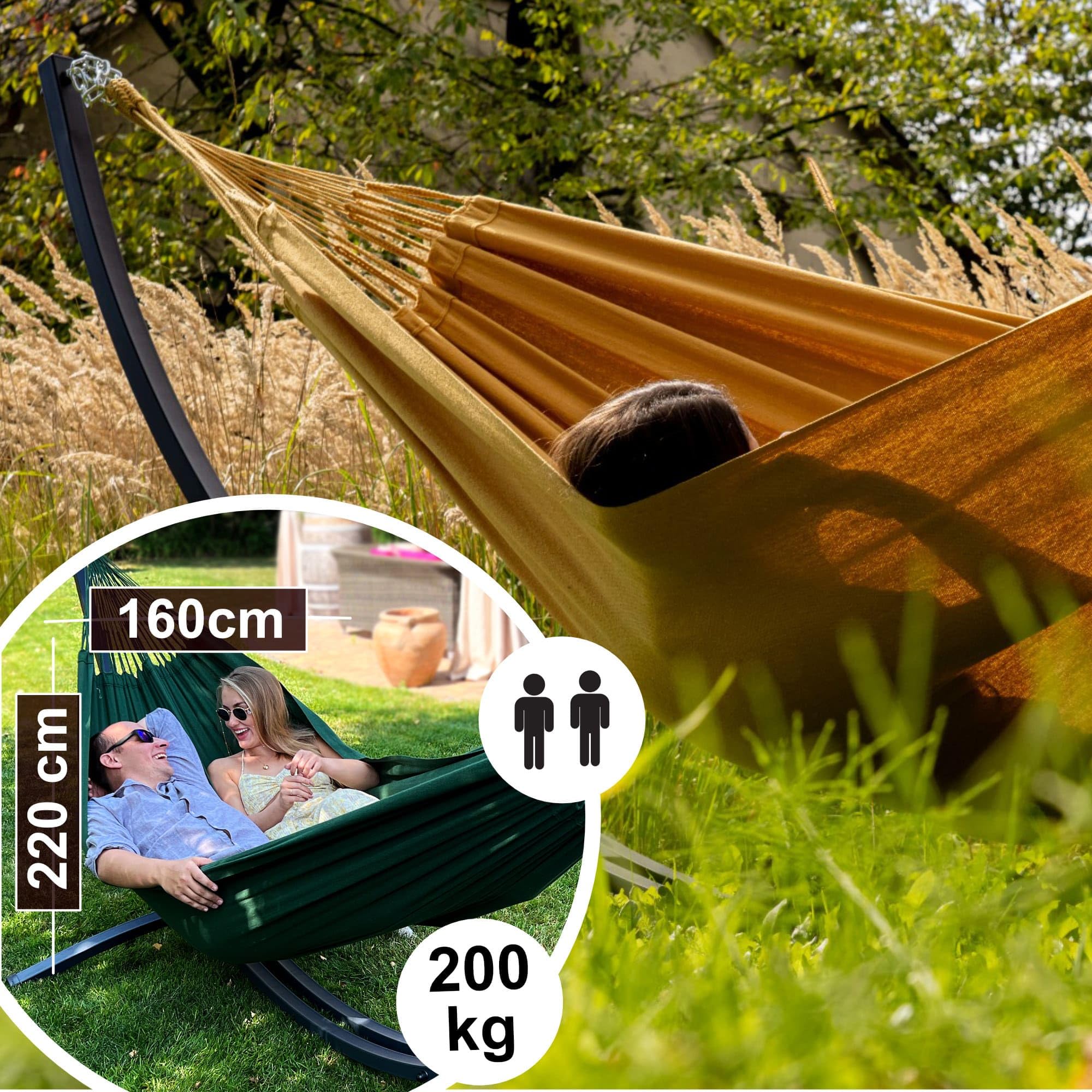 Potenza Amaca da Giardino con Supporto in Acciaio ZINCATO A CALDO – Amaca Doppia 230x160 cm, 220 kg in 100% Cotone con Struttura lunga 365 cm, Portata 220 kg, con Telaio Resistente alle Intemperie