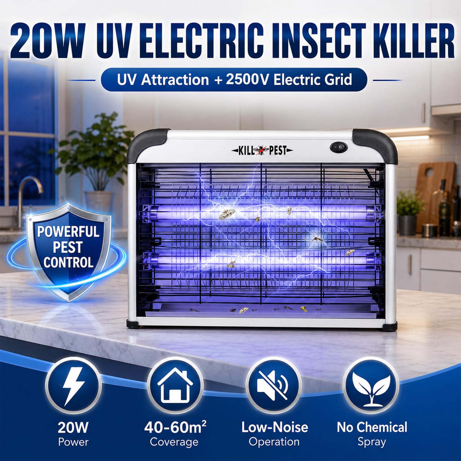 DANGZW Fliegenfalle Elektrisch 2500V, 20W UV Insektenvernichter für Innen, Fliegenfänger mit Auffangschale, Mückenlampe zum Aufhängen für Küche, Schlafzimmer, Wohnzimmer