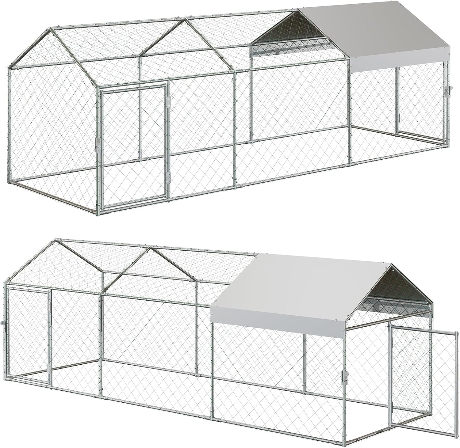 BouPower Large Metal Chicken Coop Run in a farm setting with chickens and ducks inside.