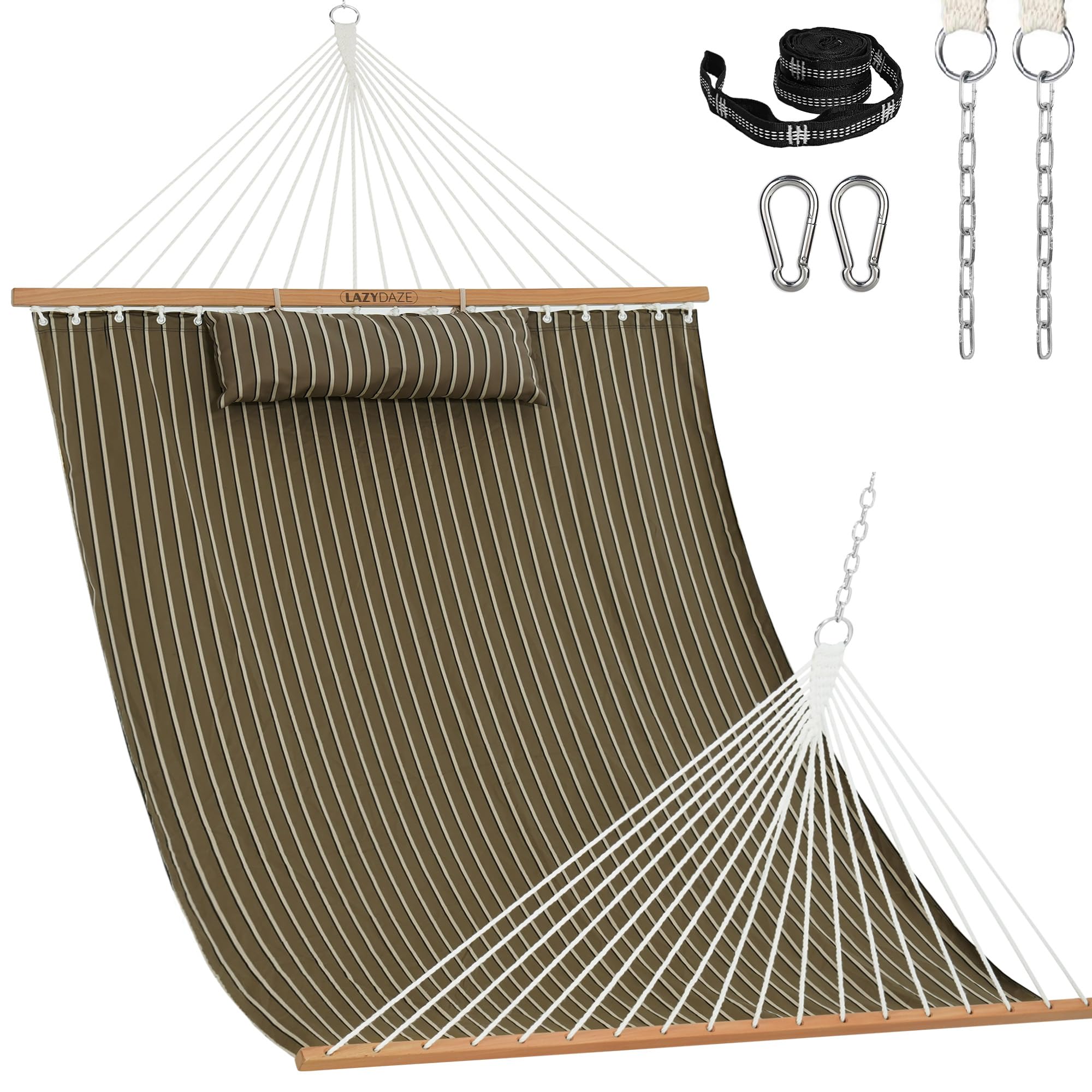 Lazy Daze Hammocks 12 FT Sunbrella Fabric Hammock not Fading with Spreader Bars and Free Pillow Fits for 2 Persons, All Weather and Fade Resistant for Patio Yard, 450 lbs Capacity, Harwood Cocoa