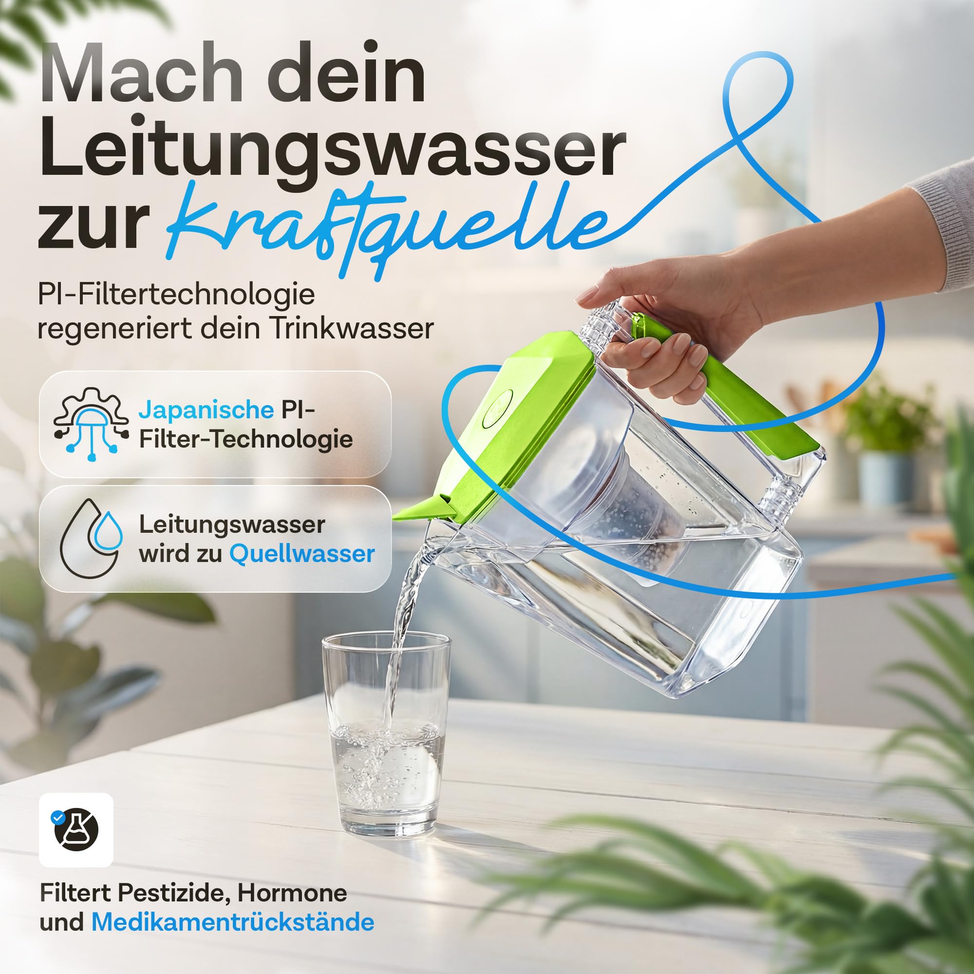 MAUNAWAI Filtro d'Acqua Premium Bio Prodotto in Germania con 1 caraffa per Acqua Potabile + 1 Cartuccia filtrante e 1pad filtrante (per 3 Mesi) - Verde, Filtro d'Acqua Potabile + caraffa filtrante