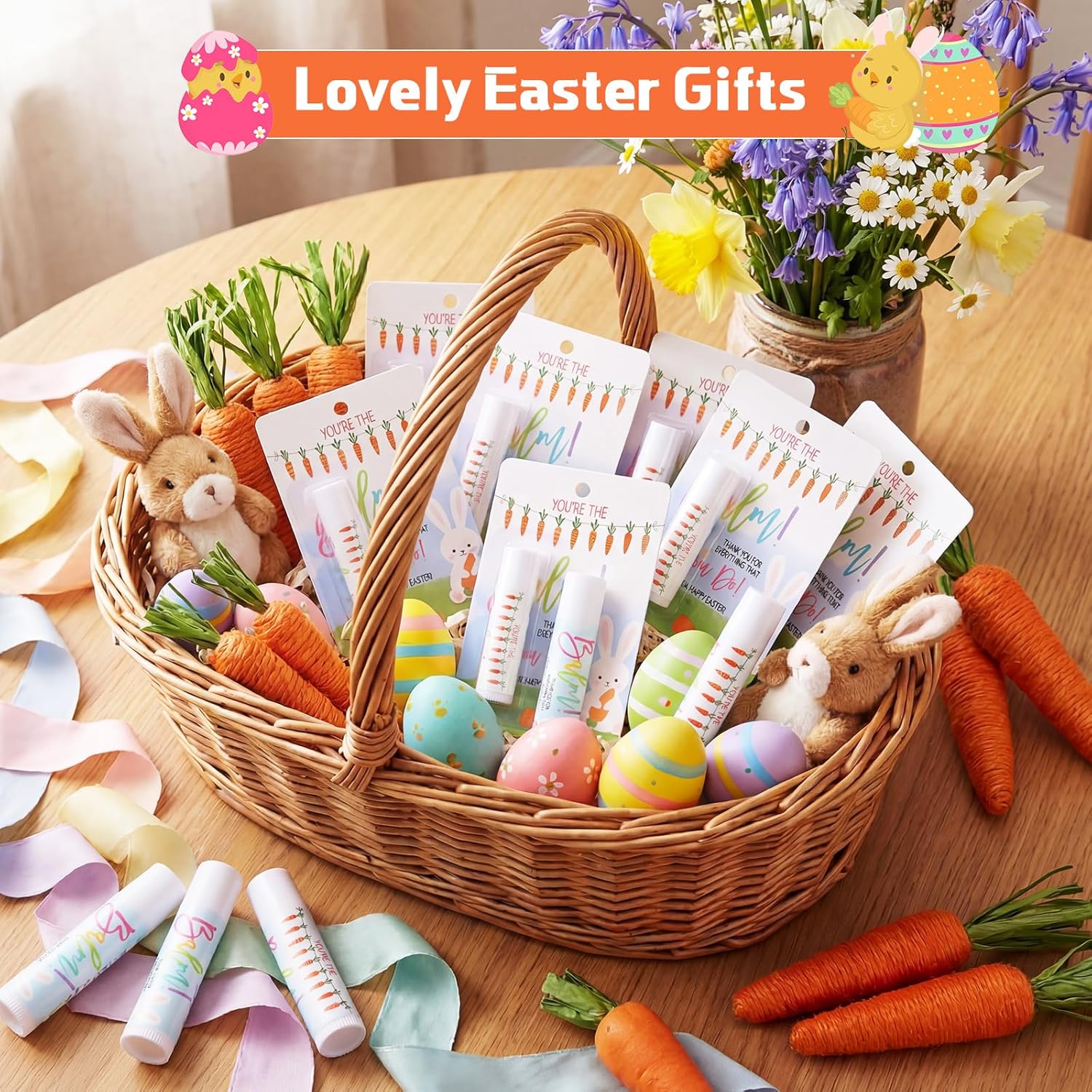 48 Pack Easter Basket Stuffers Lip Balm Gifts Bulk Easter Basket Fillers Party Favors for Adults Women Teacher Coworkers Thank You Gift Set You're the Balm Moisturizing Lip Care (Carrot)