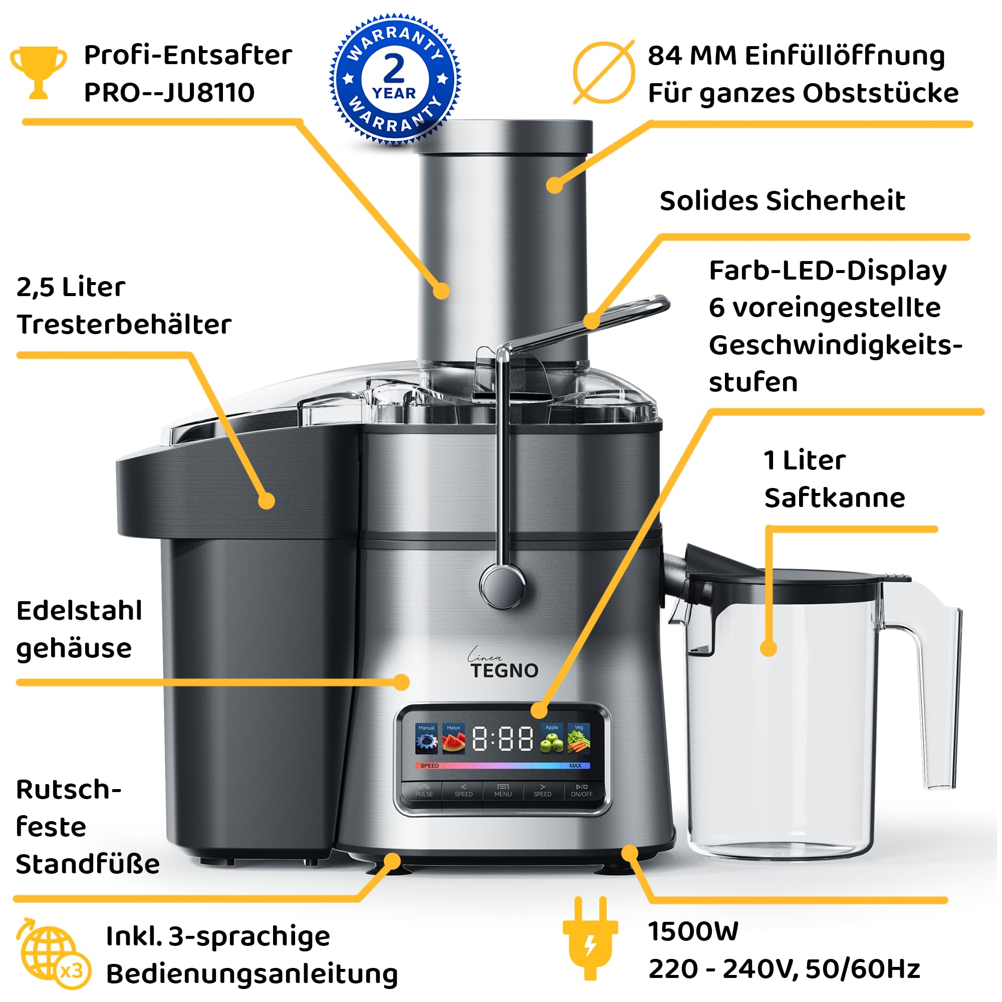 Super Juicer - Linea Tegno - Professioneller Edelstahl Entsafter - Entsafter für Obst und Gemüse - 1500W - Extra große Einfüllöffnung - 2,5L Fruchtfleischbehälter - 1L Saftbecher, LED-Farbdisplay