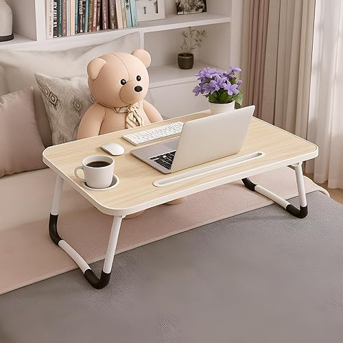 Escritorio plegable para cama y sofá, escritorio portátil de superficie ancha con portavasos integrado y ranura para tableta o teléfono para