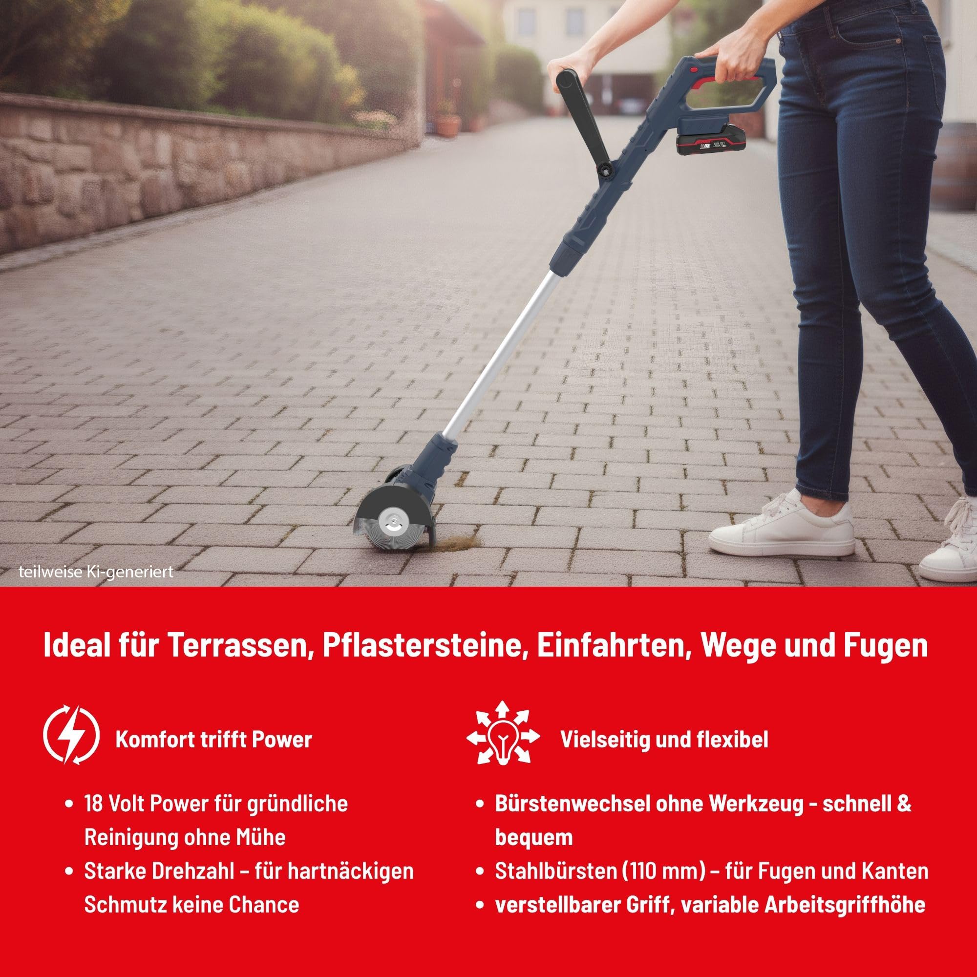 Güde GFR 18-0 Akku-Fugenreiniger - 18 Volt Li-Ion, 1200 Umdrehungen pro Minute, 11 cm Bürstendurchmesser, 82-112 cm Griffhöhe, ohne Akkupack und Ladegerät, inklusive Stahlbürste und Nylonbürste