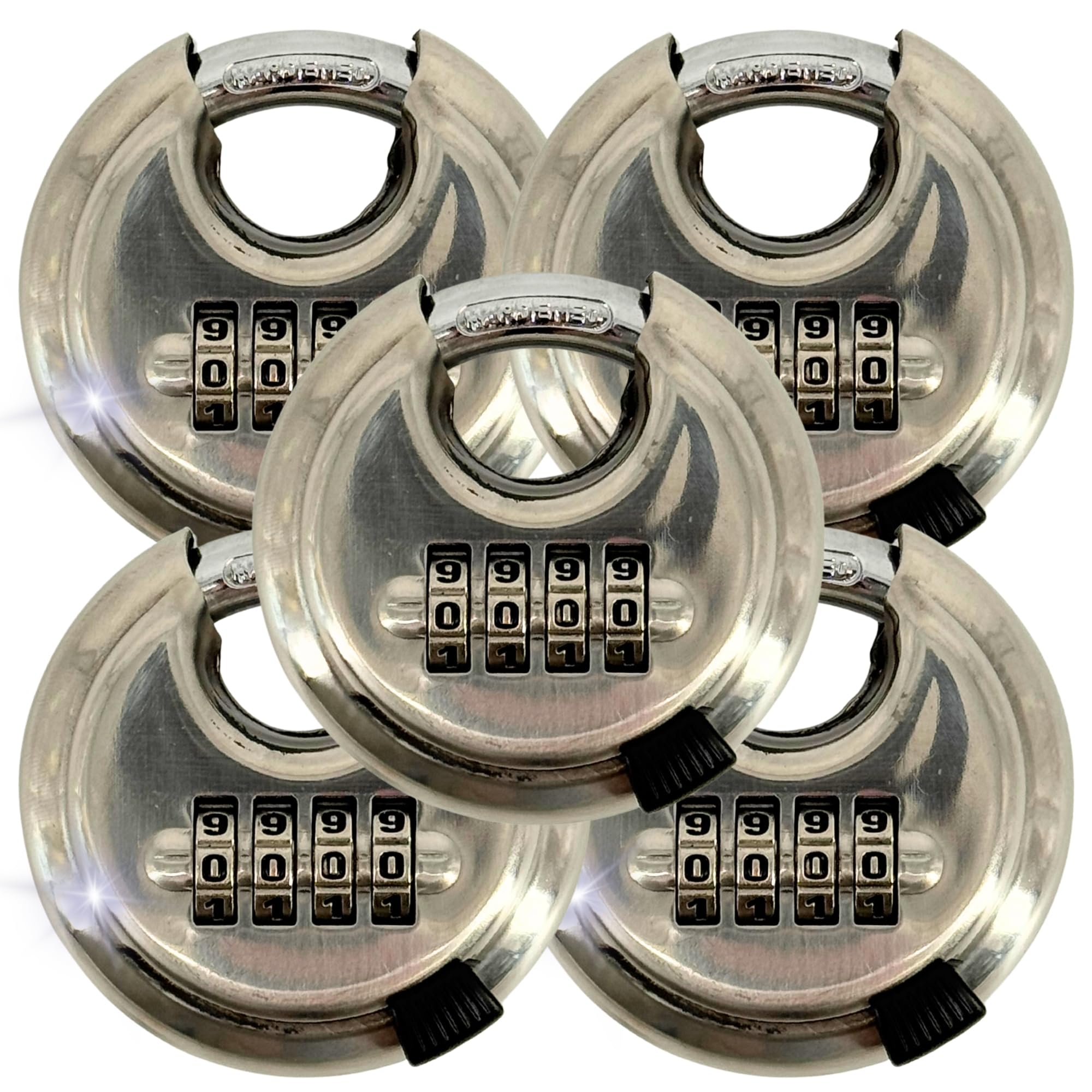 TronicXL Candado redondo de seguridad, 10 mm de grosor, cuerpo de acero inoxidable, cerradura de latón, acero inoxidable endurecido (cerradura de combinación, 5 unidades)