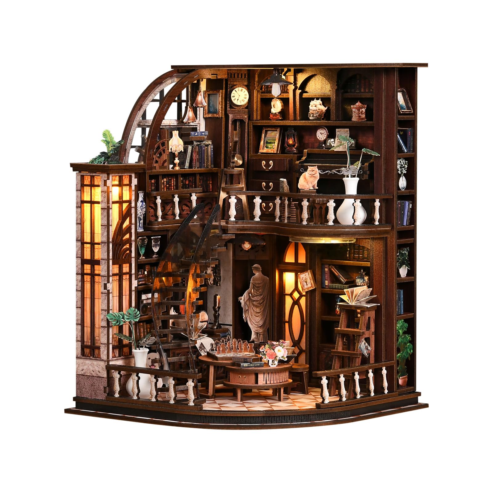 Book Nook Bausatz, DIY Miniatur-drewniane puzzle, biblioteka w stylu vintage z oświetleniem LED, Nook art, miniaturowy stojak, prezenty urodzinowe (biblioteka Bacchus)