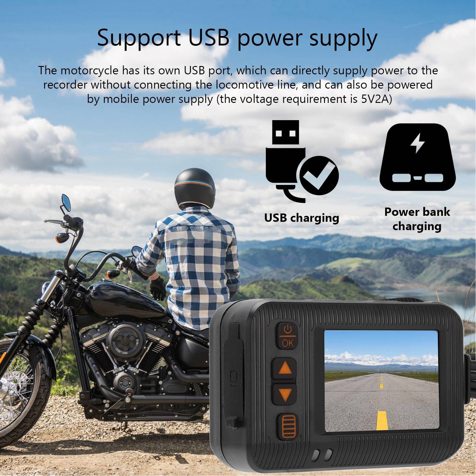 Rejestrator jazdy, 1080P + 720P Podwójne soczewki Przednia tylna kamera na deskę rozdzielczą Wodoodporny 2-calowy ekran do motocykla