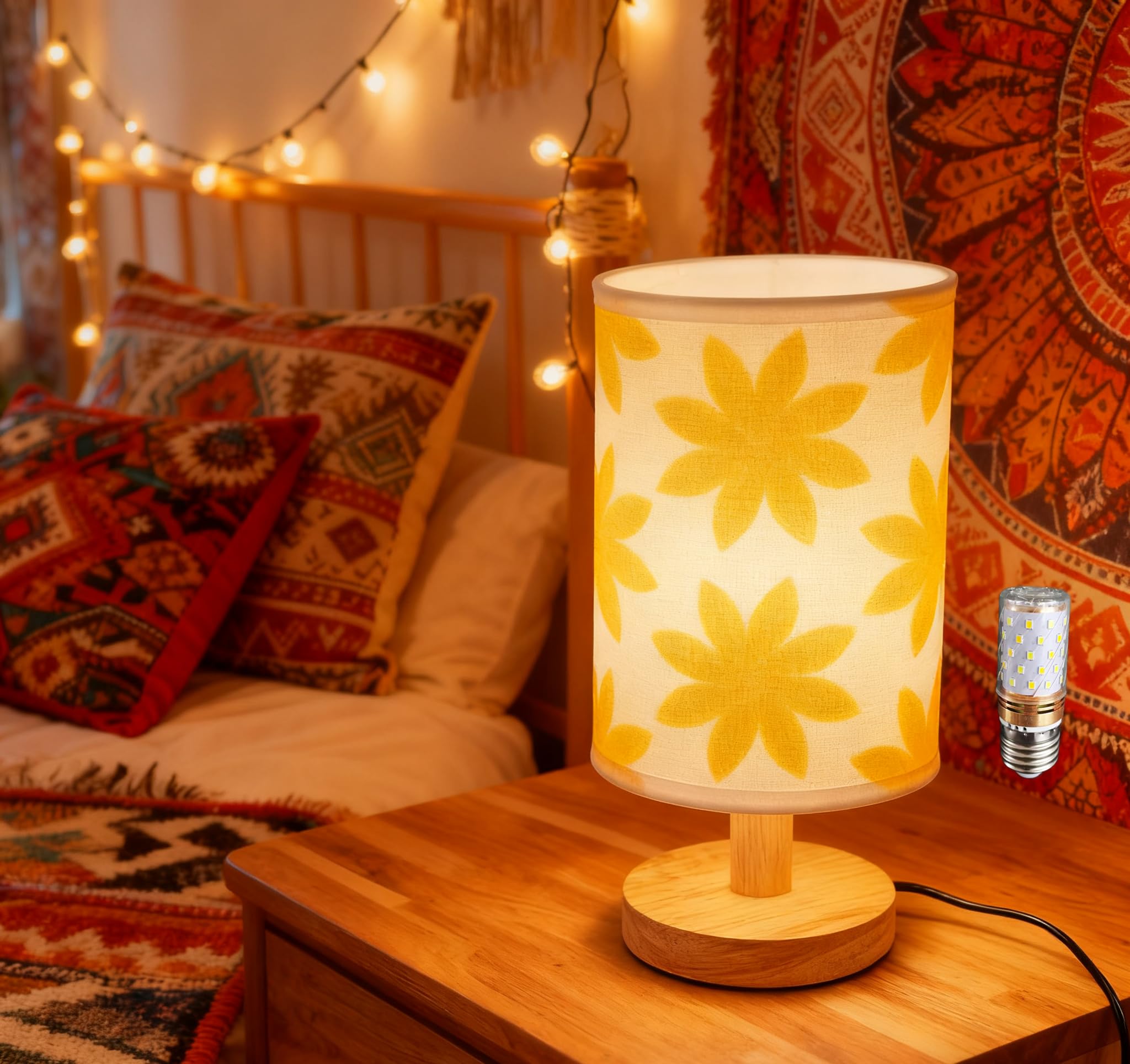 Small Bedside Night Table Lamp Inline Control 3 Brightness Levels Yellow Flower-Patterned Shade Bedside Lamp for Bedroom Living