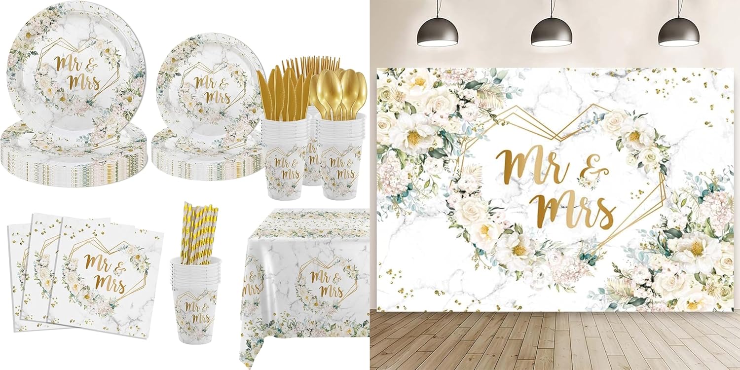 MEHOFOND 193 pcs White Wedding Party Decorations, Mr and Mrs Paper Plates Cup and Nakpins Set, 7x5ft Mr and Mrs Floral Backdrop for Bridal Shower White Flowers Gold Dots Glitter Photography Bac