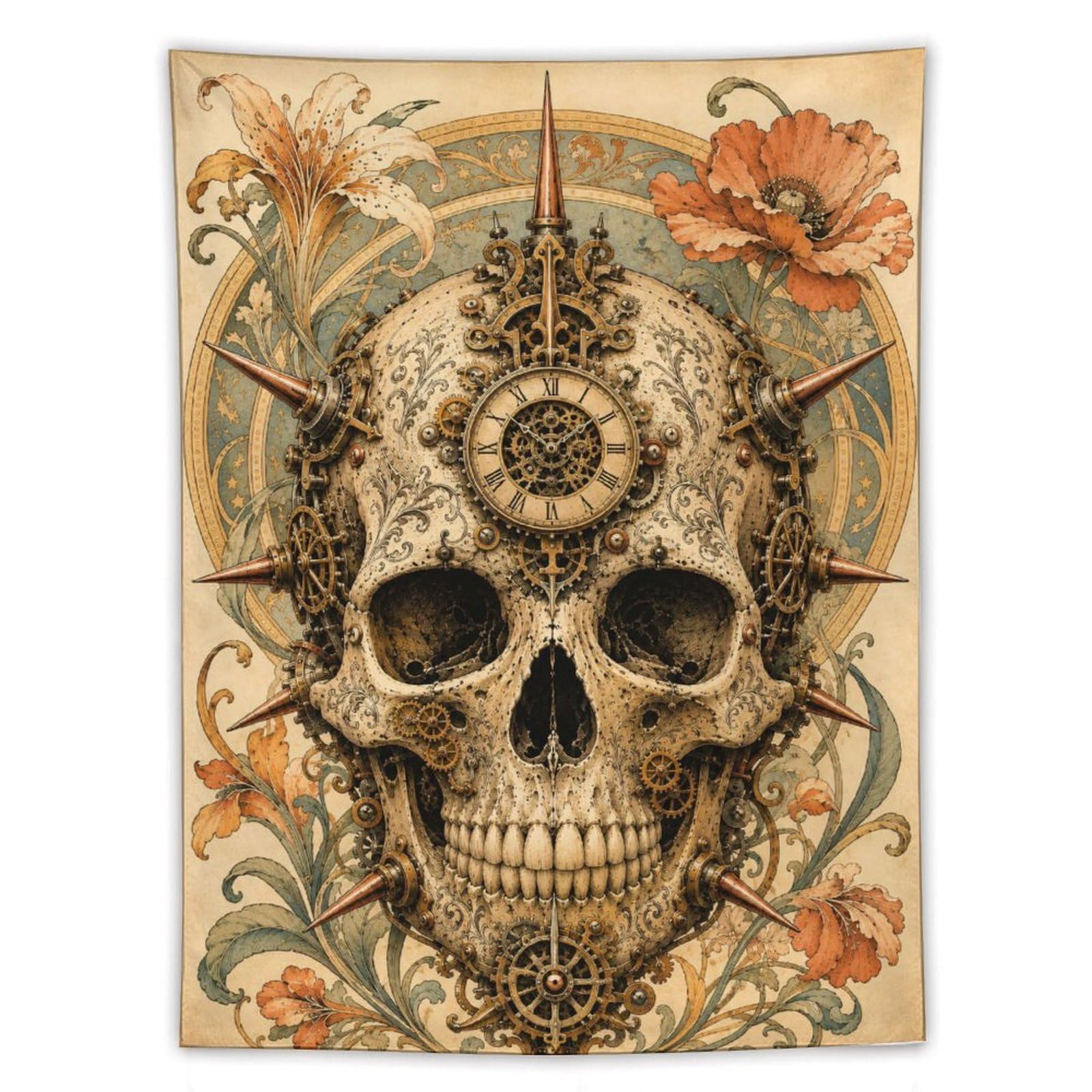 H3B8U2Y5 Ornate Skull with Flowers Wall Tapestry, Fantasy Illustration