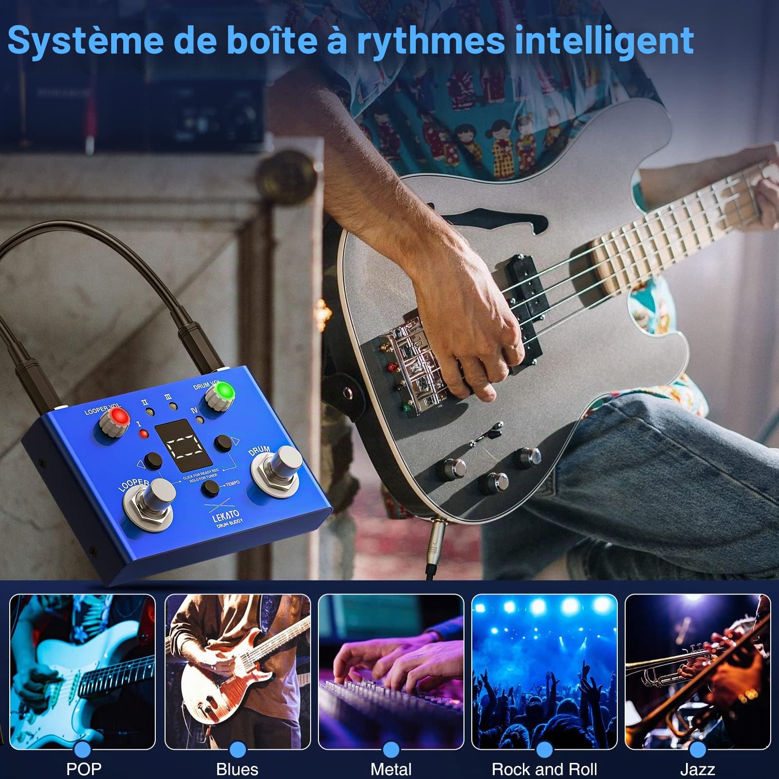 LEKATO Pédale de Boucle de Batterie avec Accordeur, 4 Boucles 11 Minutes Pédale de Boucle avec Boîte à Rythme 30 Batteries avec App pour Guitare Électrique et Basse, Tap Tempo