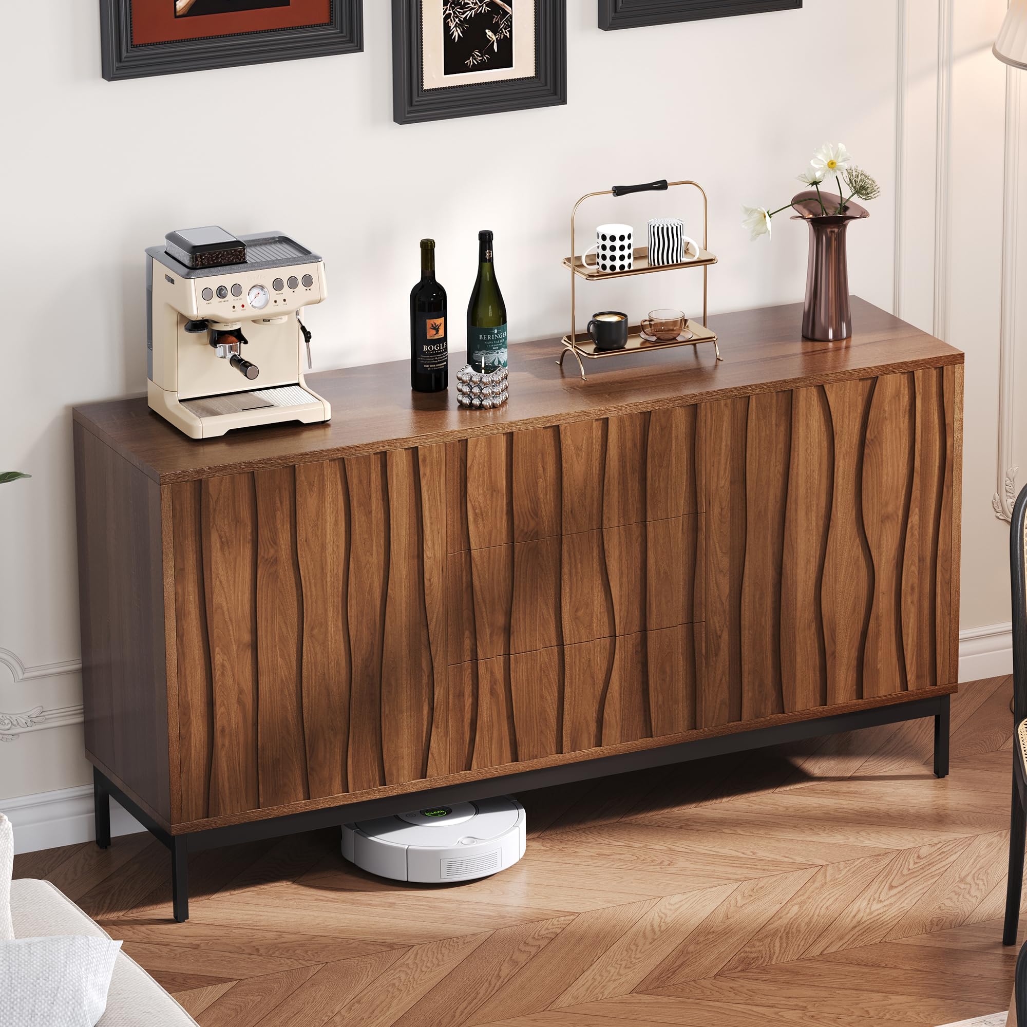Sideboard 150cm Eiche dunkel gemasert, 3 Schubladen, großes Sideboard, Küchenschrank, Einteilige Aussparung, Mid Century Modern Dekorativer Schrank für Küche, Wohnzimmer, Eingangsbereich, Flur