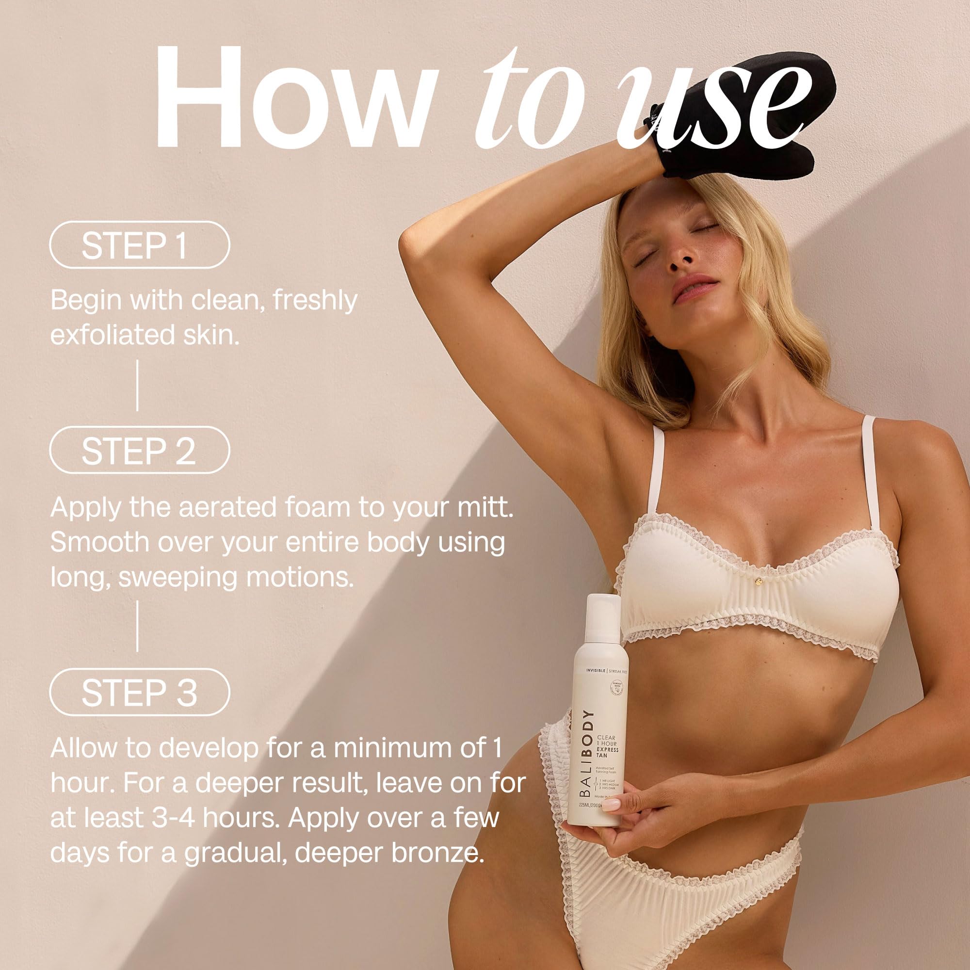 BALI BODY Clear 1 Hour Express Autobronzant à action rapide et léger pour bronze naturel – Mousse bronzante hydratante pour une peau lisse et radieuse